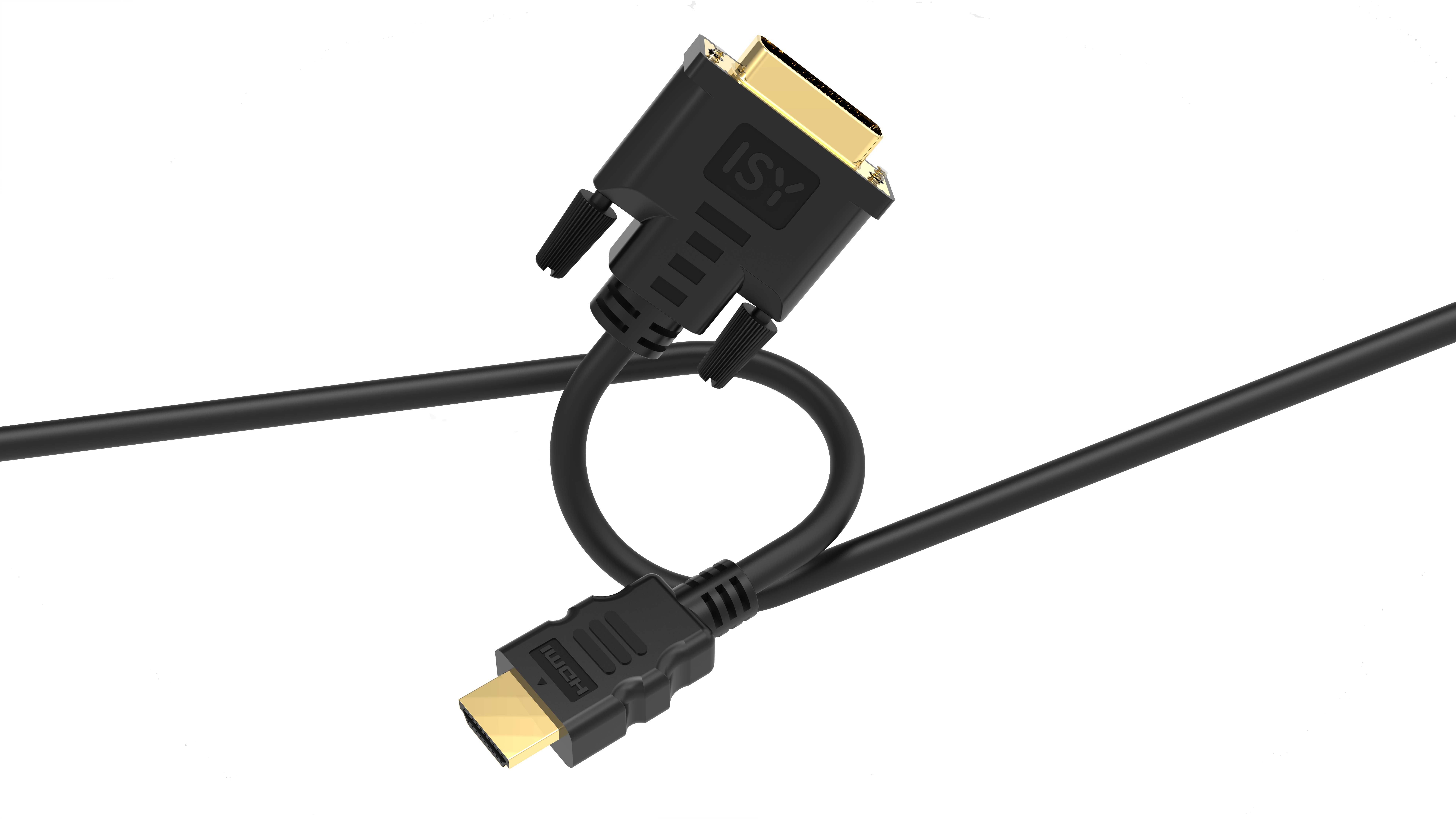Czarny kabel HDMI do DVI ze złączami. Izolowany na białym tle.
