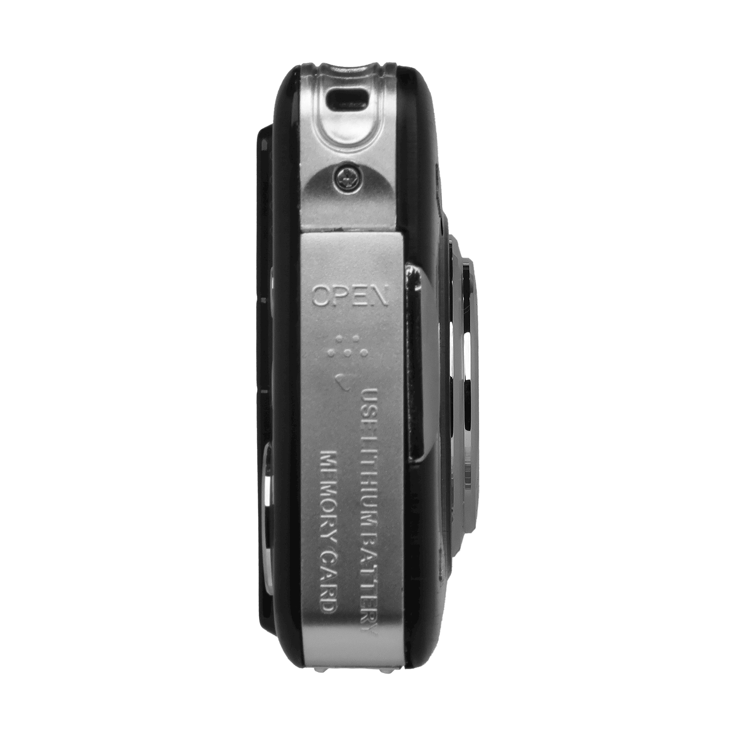 Vista laterale di una fotocamera nera. Mostra dettagli come 'OPEN', 'USE LITHIUM BATTERY' e slot 'MEMORY CARD'.