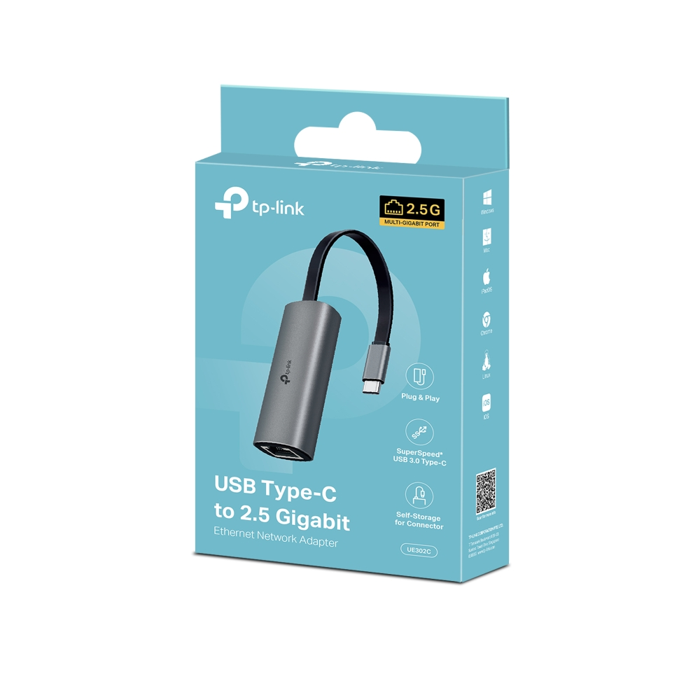 Kutulu gri USB-C - 2,5 Gigabit Ethernet adaptörü. Adaptör, ambalaj ve görüntülenen ürün özelliklerini içerir.