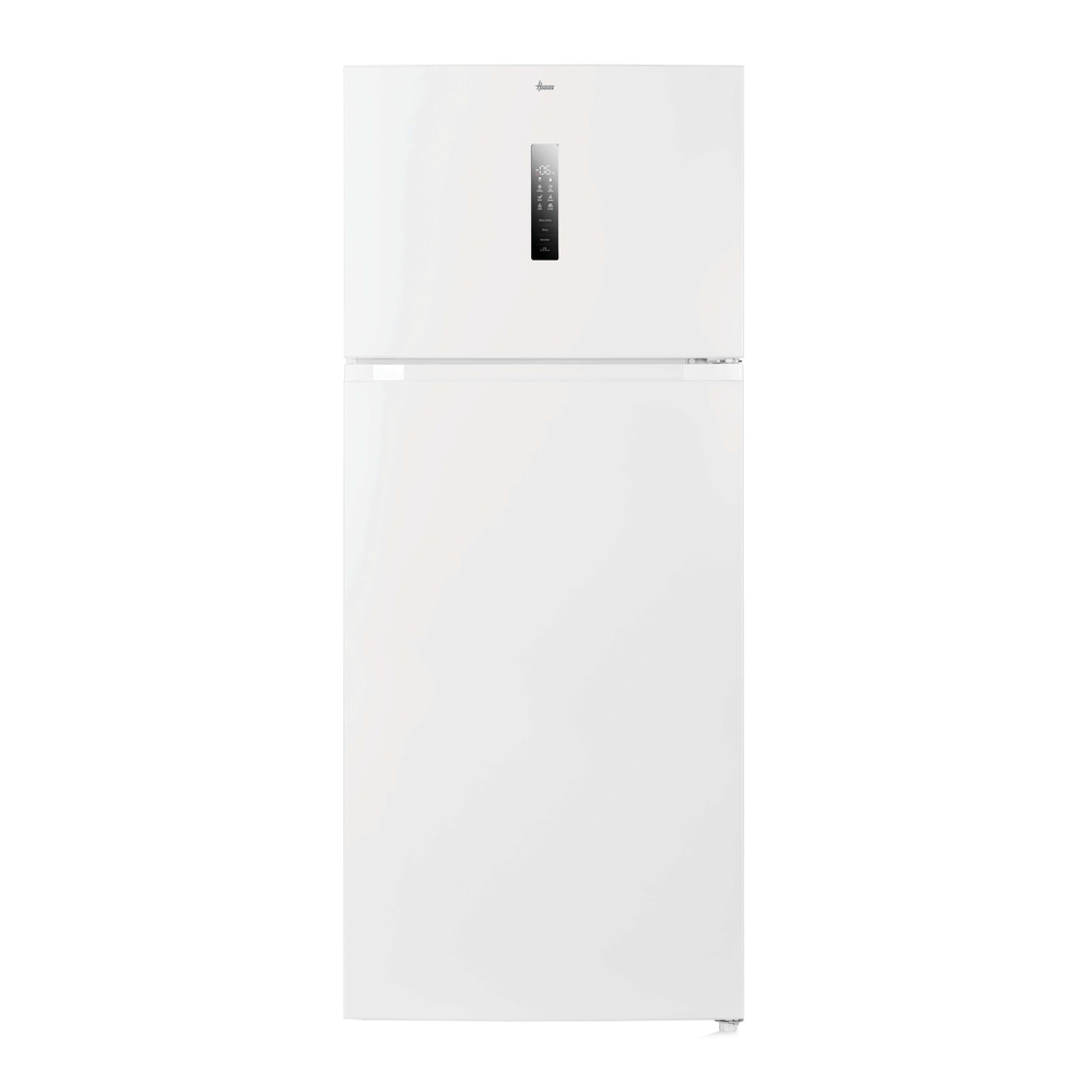 Üst donduruculu beyaz buzdolabı. Buzdolabı kapalı.