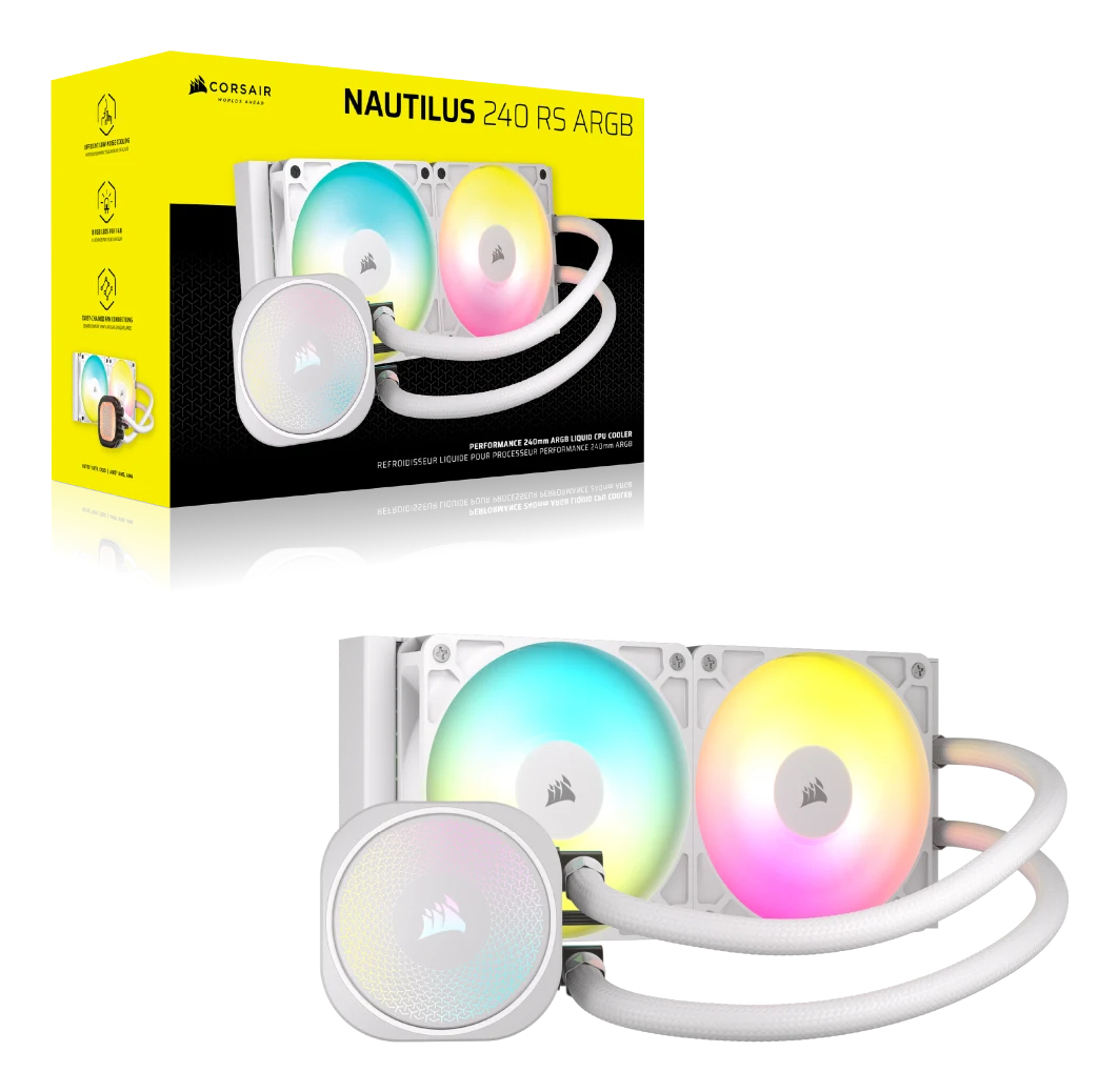 Corsair Nautilus 240 RS ARGB Computer-Kühlsystem. Weiße Lüfter mit Regenbogenfarben und Verpackung.