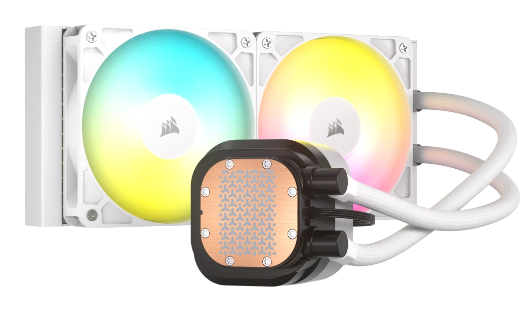 Computer-Kühlsystem mit zwei Lüftern in Regenbogenfarben. Ein Kupferblock und weiße Schläuche.