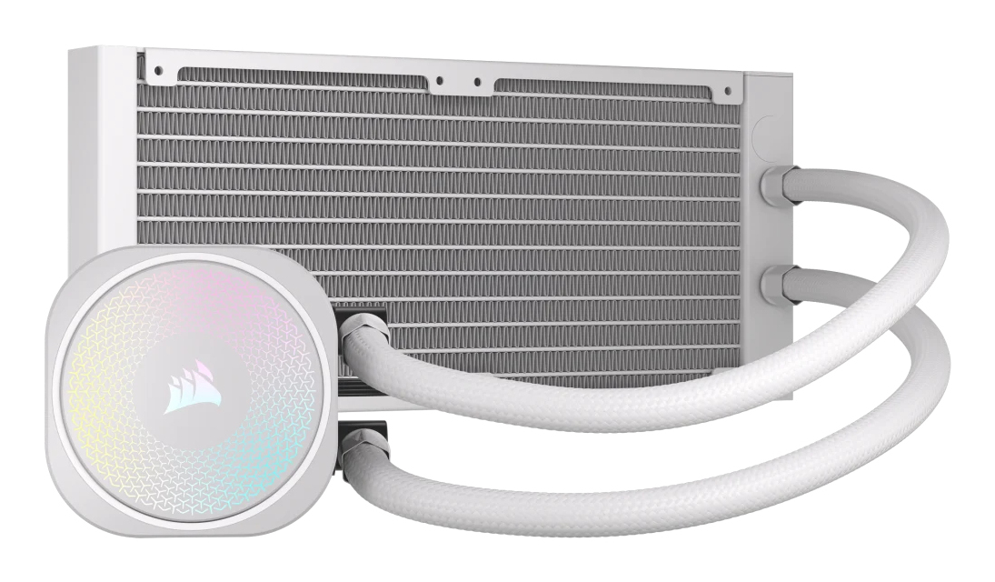 Computer-Kühlsystem mit Heizkörper und weißem Pumpenblock, verbunden durch weiße Schläuche.