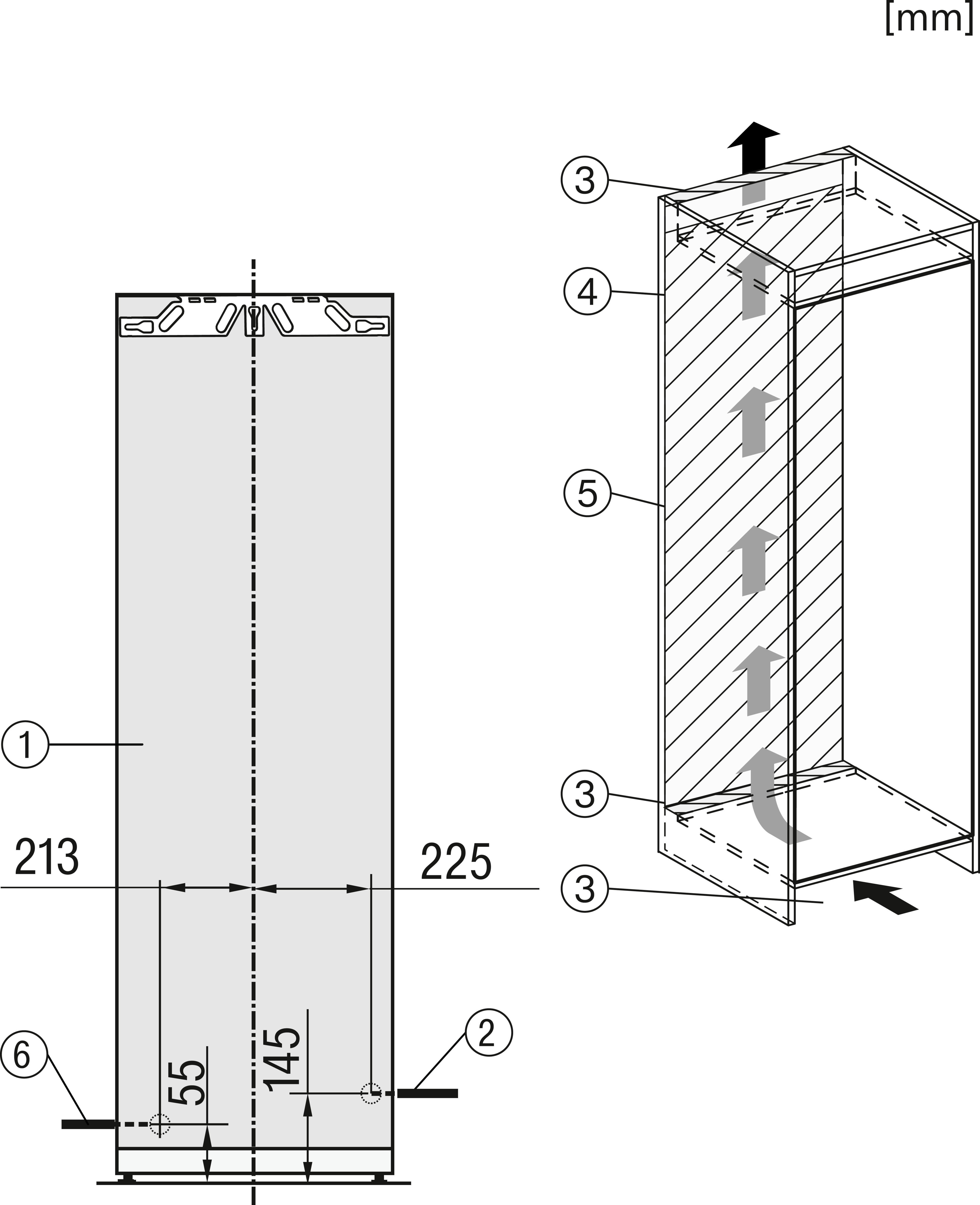 Diagramm eines Kühlschranks, Abmessungen und Luftströmungsrichtungen zeigend. Pfeile kennzeichnen Luftstrom.