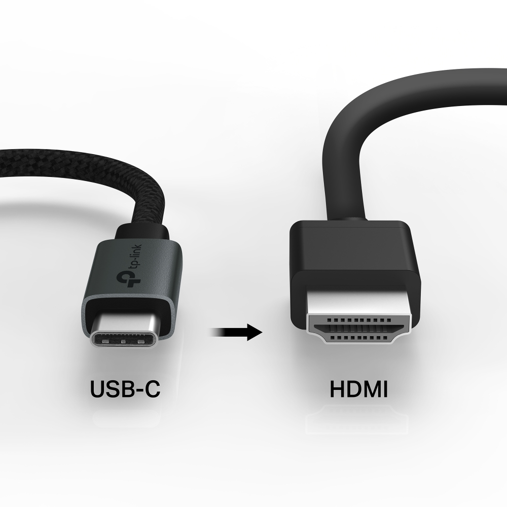 Siyah kablolu bir USB-C - HDMI adaptörü. Sol tarafta USB-C, sağ tarafta HDMI.