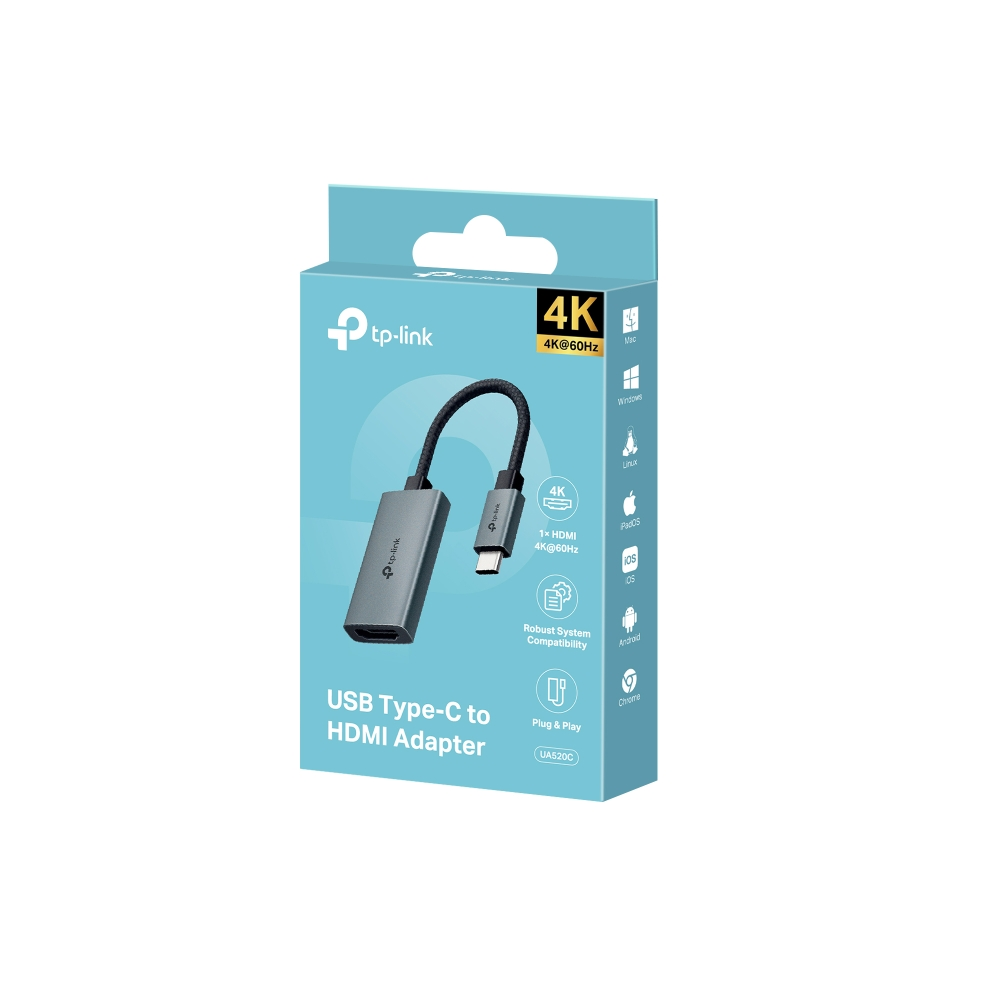 USB Type-C - HDMI adaptörü içeren bir kutu, uyumlu işletim sistemleri için simgelerle.