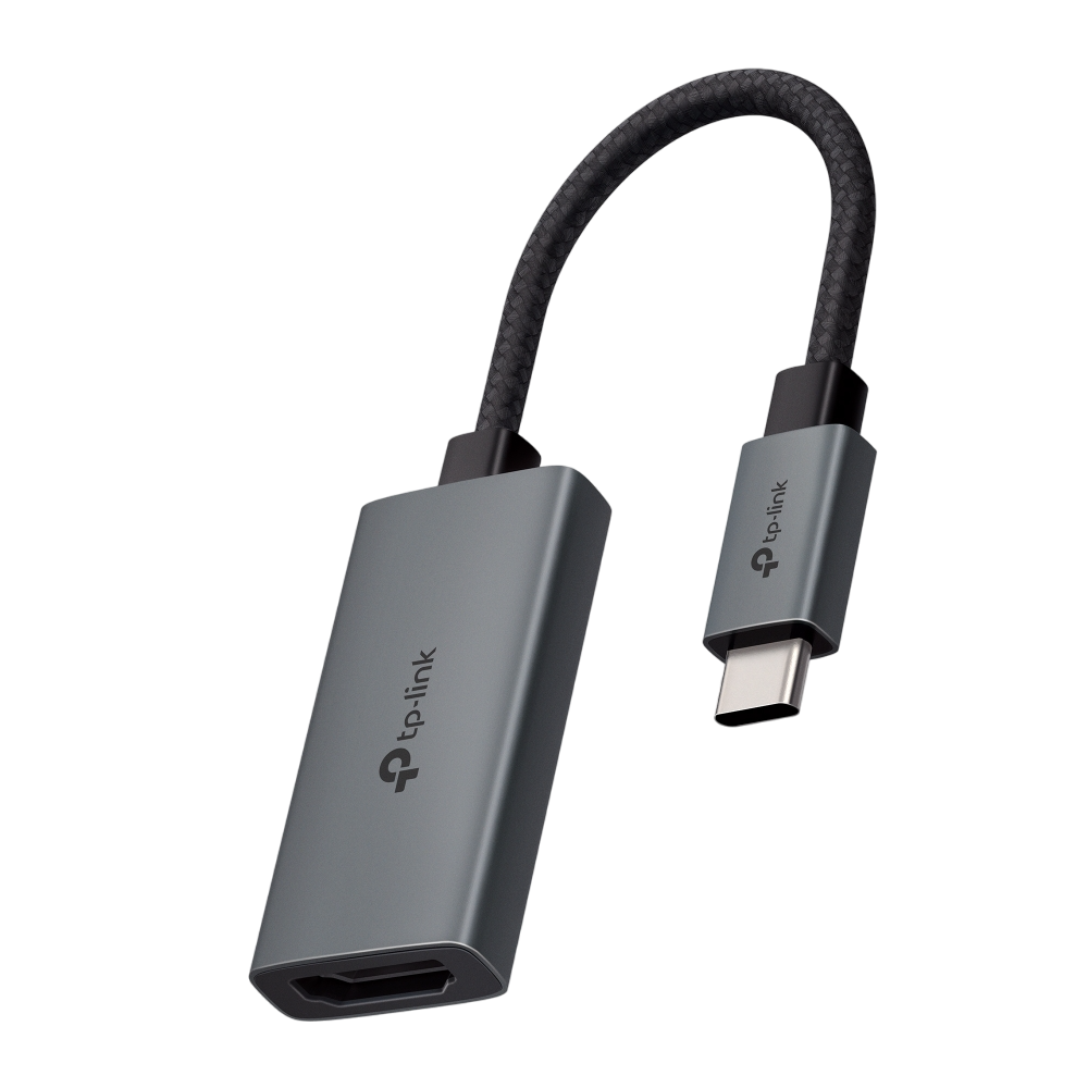 Siyah örgülü kablolu, bir ucunda USB-C, diğer ucunda HDMI bulunan gri bir adaptör.