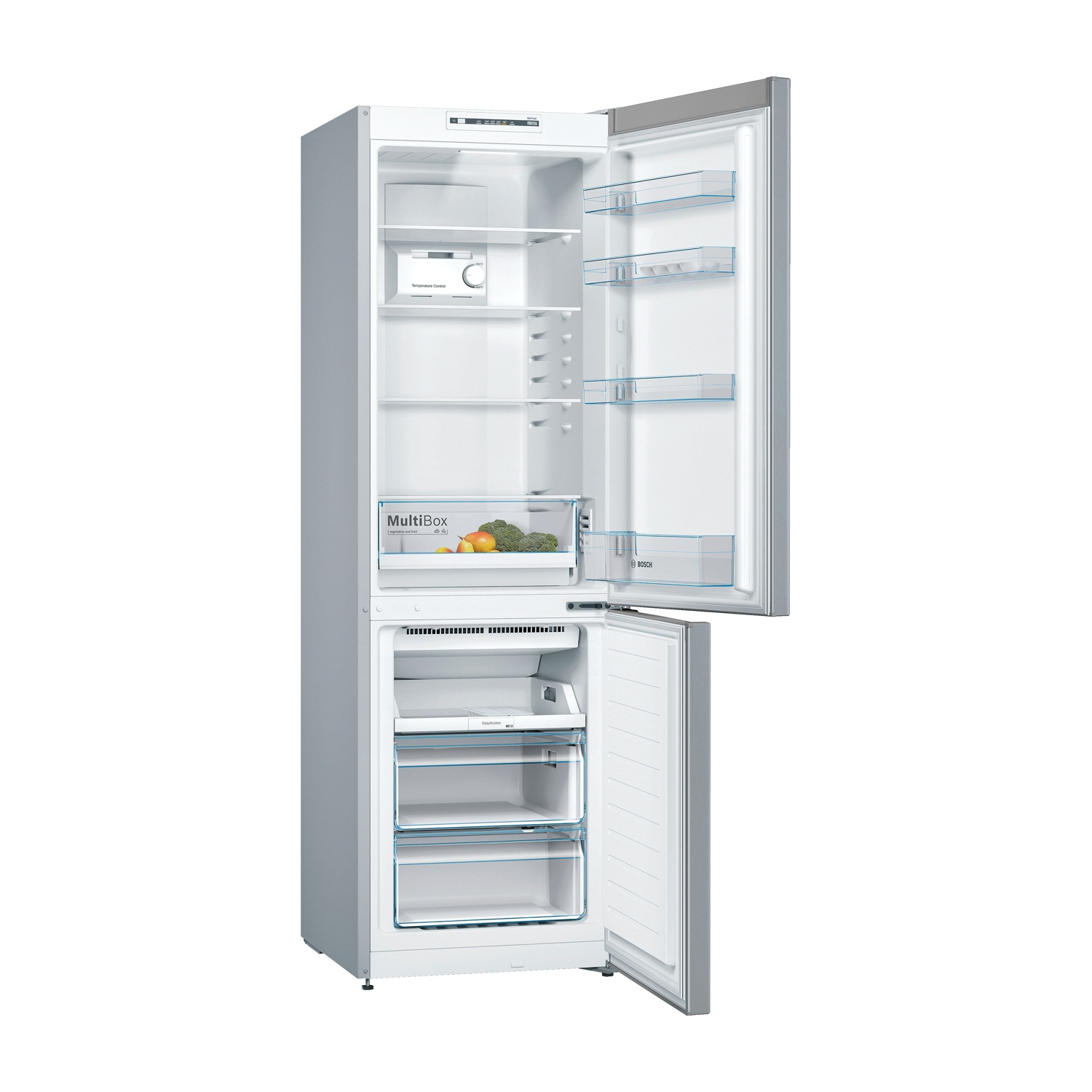 Frigorifero aperto che mostra l'interno con ripiani, cassetti e una MultiBox con verdure. La porta è aperta.