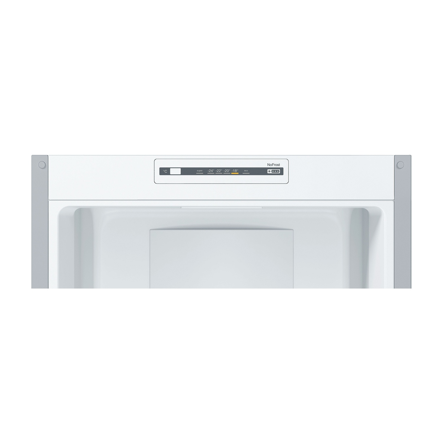Interno frigorifero NoFrost. Sezione superiore con comandi temperatura. Interno bianco con luce LED visibile.