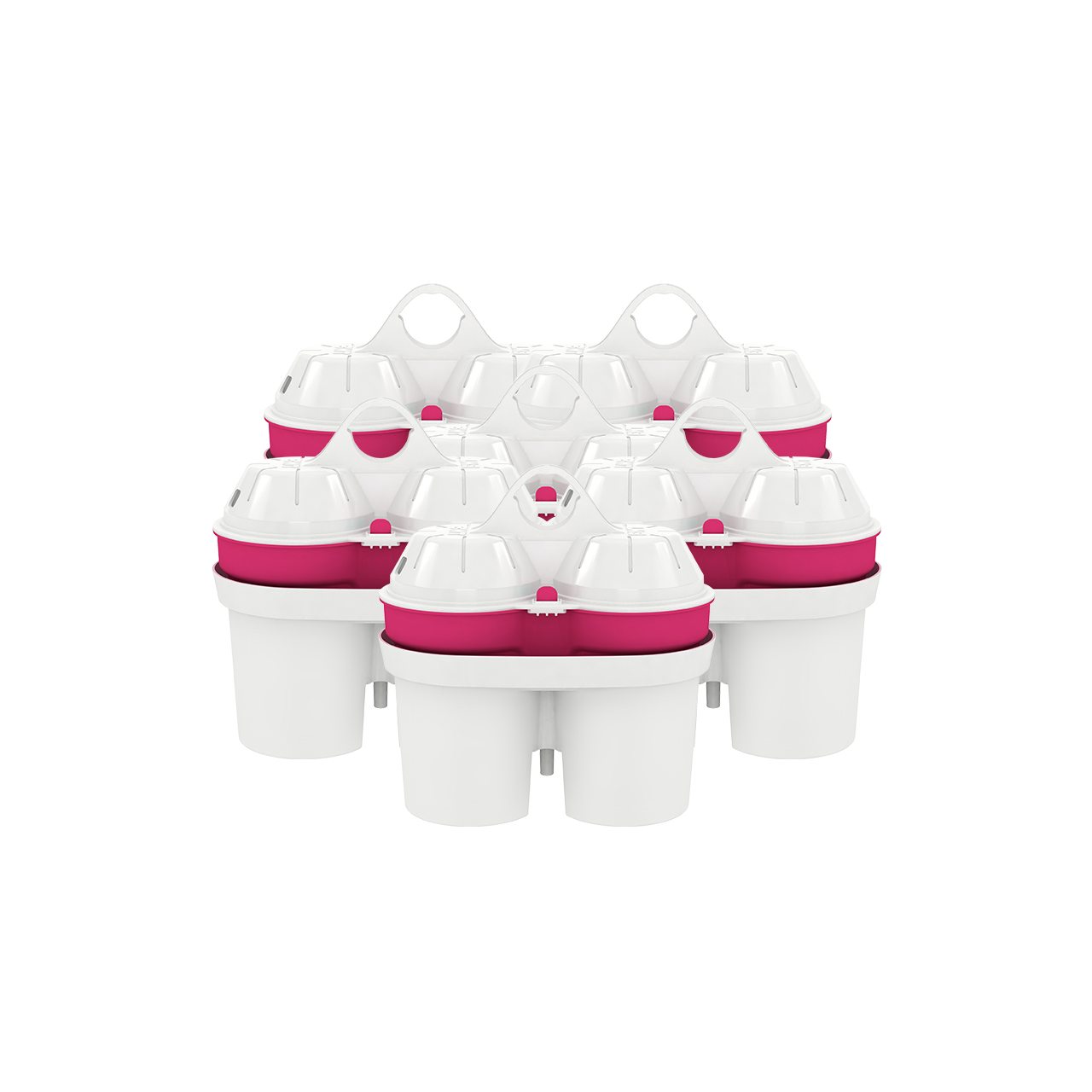Mehrere Wasserfilterpatronen. Weißes und rosa Design. Werden in einem Halter zusammengehalten.
