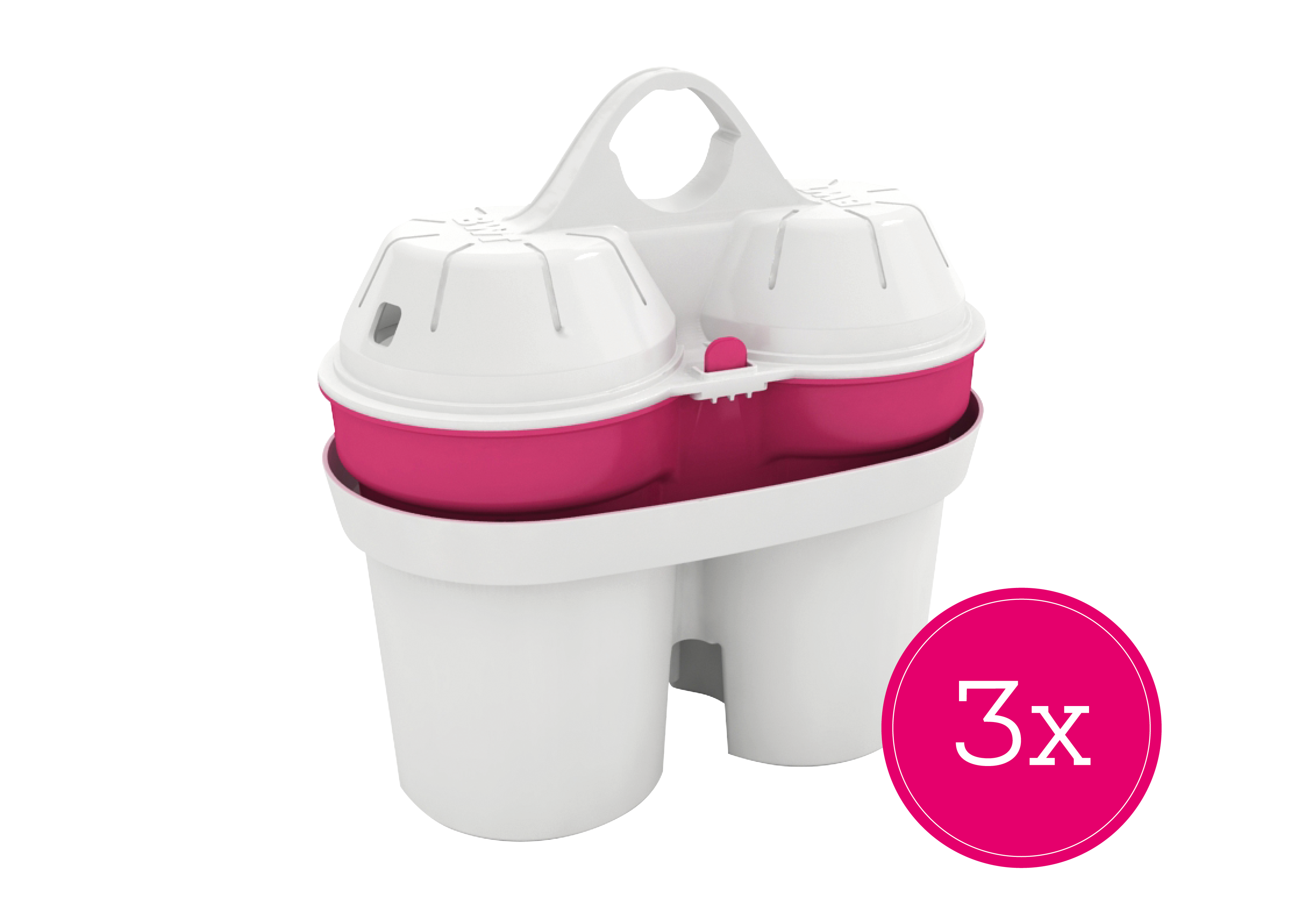 Wasserfilterpatronen in einem Halter. Weißes und rosa Design. Ein Kreis mit der Zahl 3.