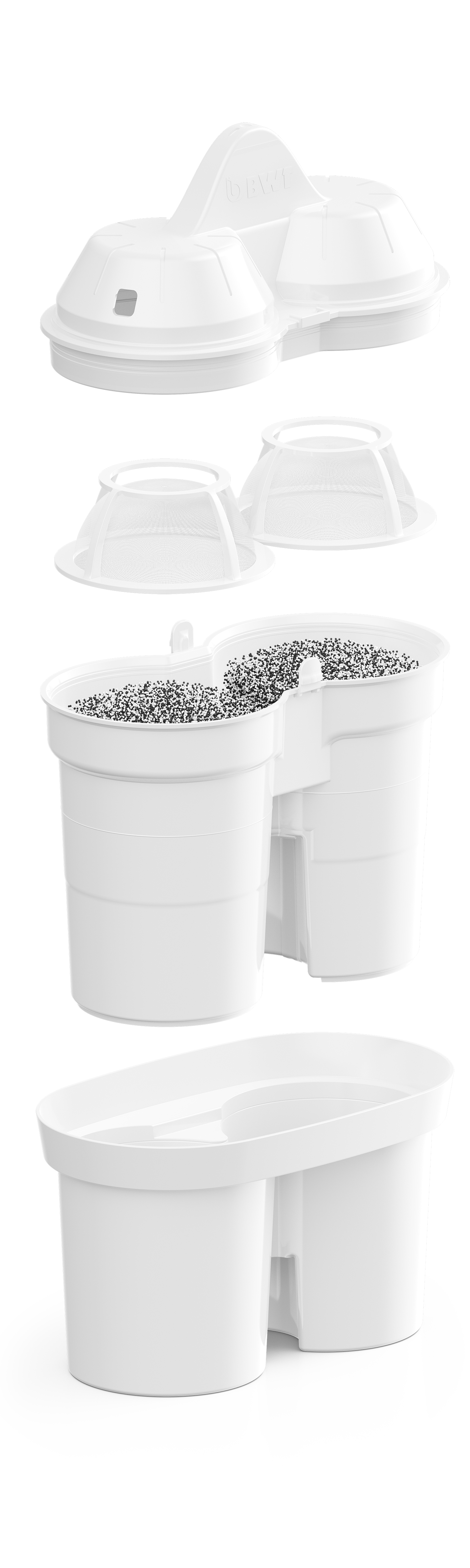 Komponenten eines Wasserfilters. Mehrere Teile, jedes mit einer spezifischen Funktion.