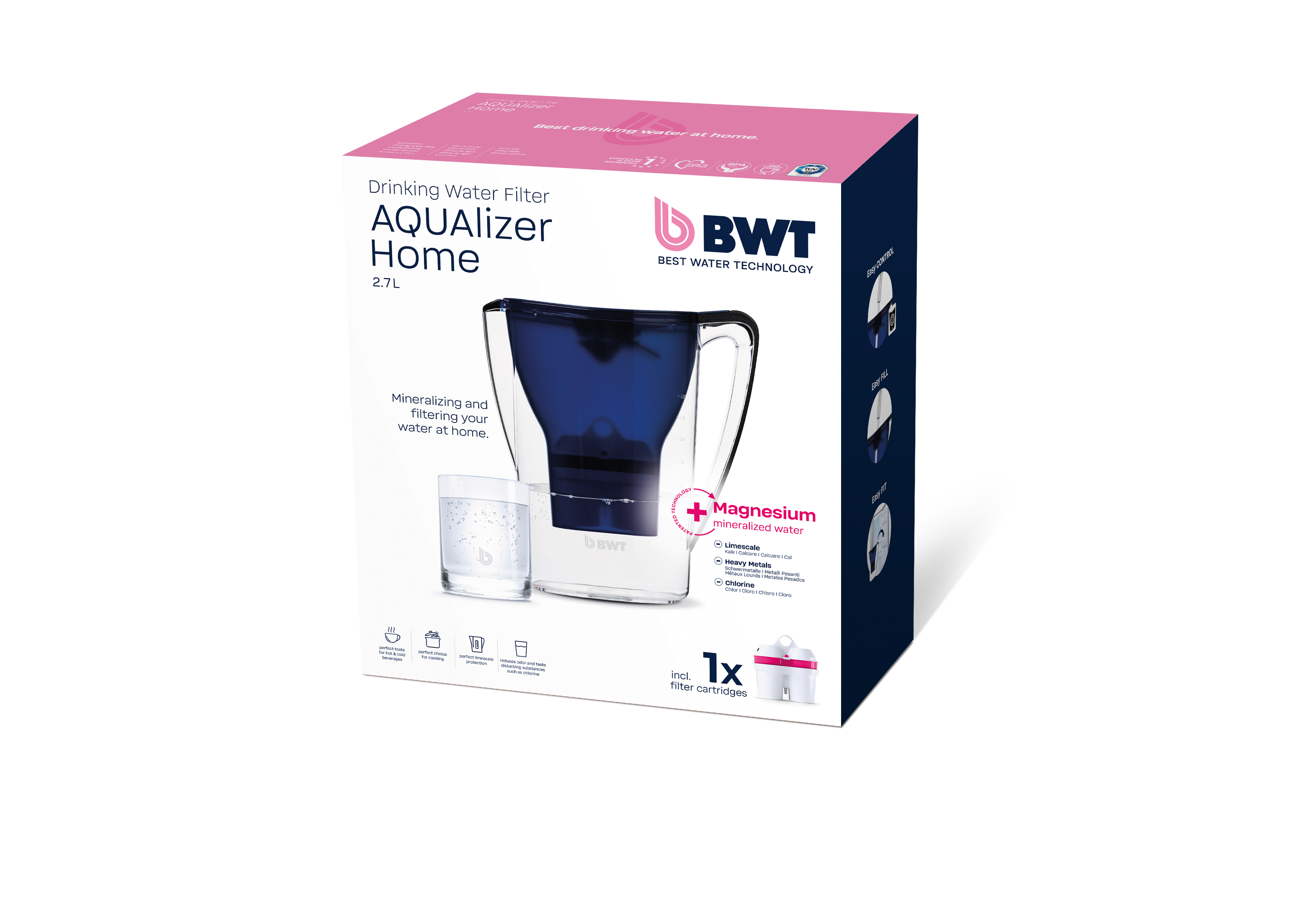 Eine Box mit einem Wasserfilterkrug und einem Glas Wasser. Text: 'AQUALIZER Home'.