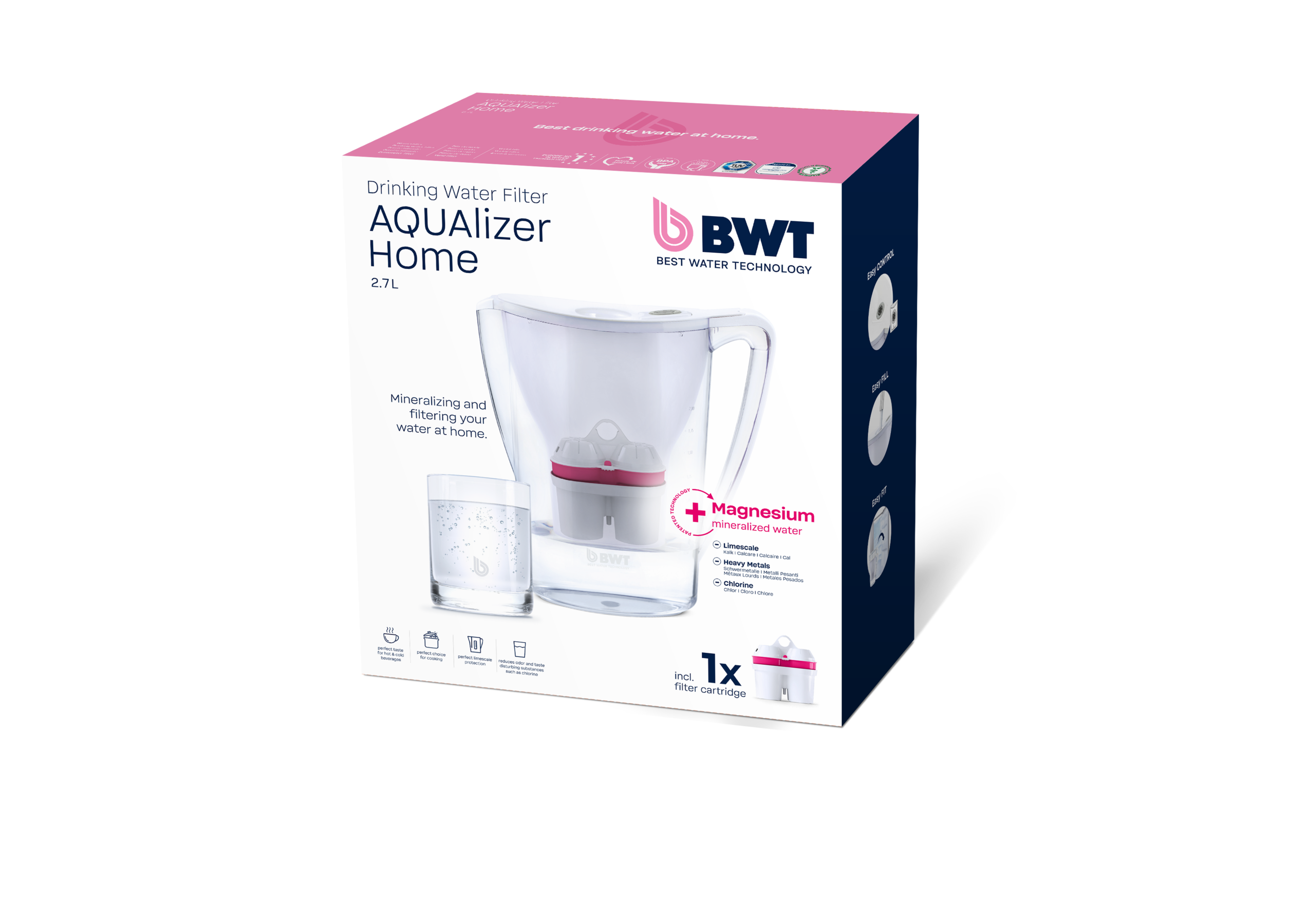 Eine Box mit einem Wasserfilterkrug und einem Glas Wasser. Die Box hat Text und Bilder.