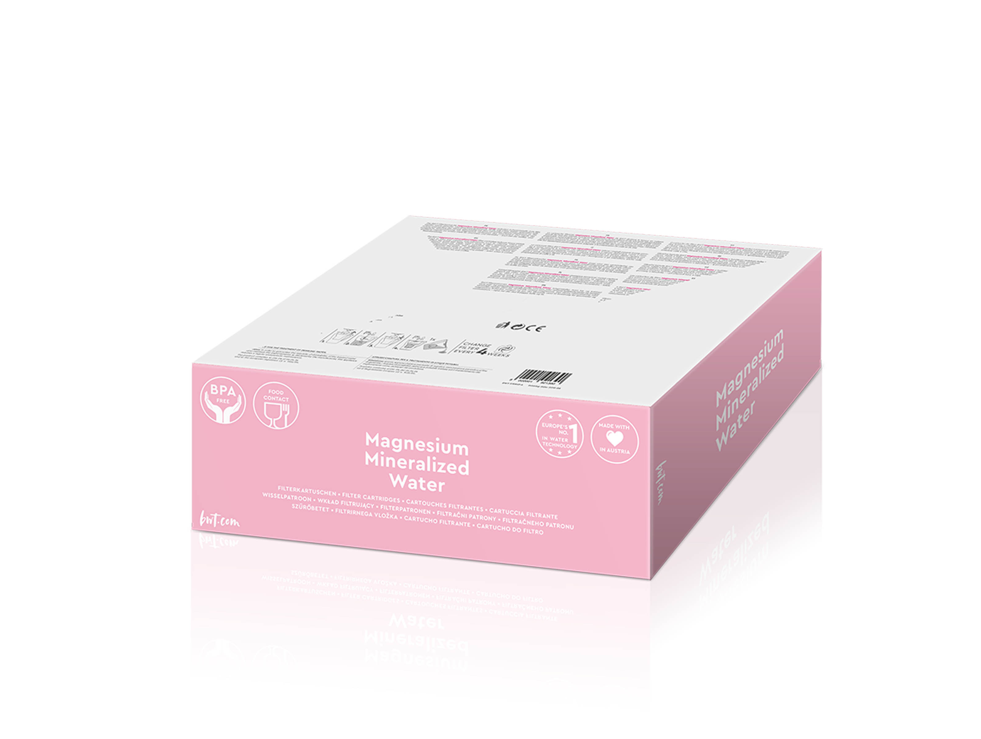 Eine Box mit Magnesium mineralisierten Wasserfilterkartuschen. Pinkes und weißes Farbschema.