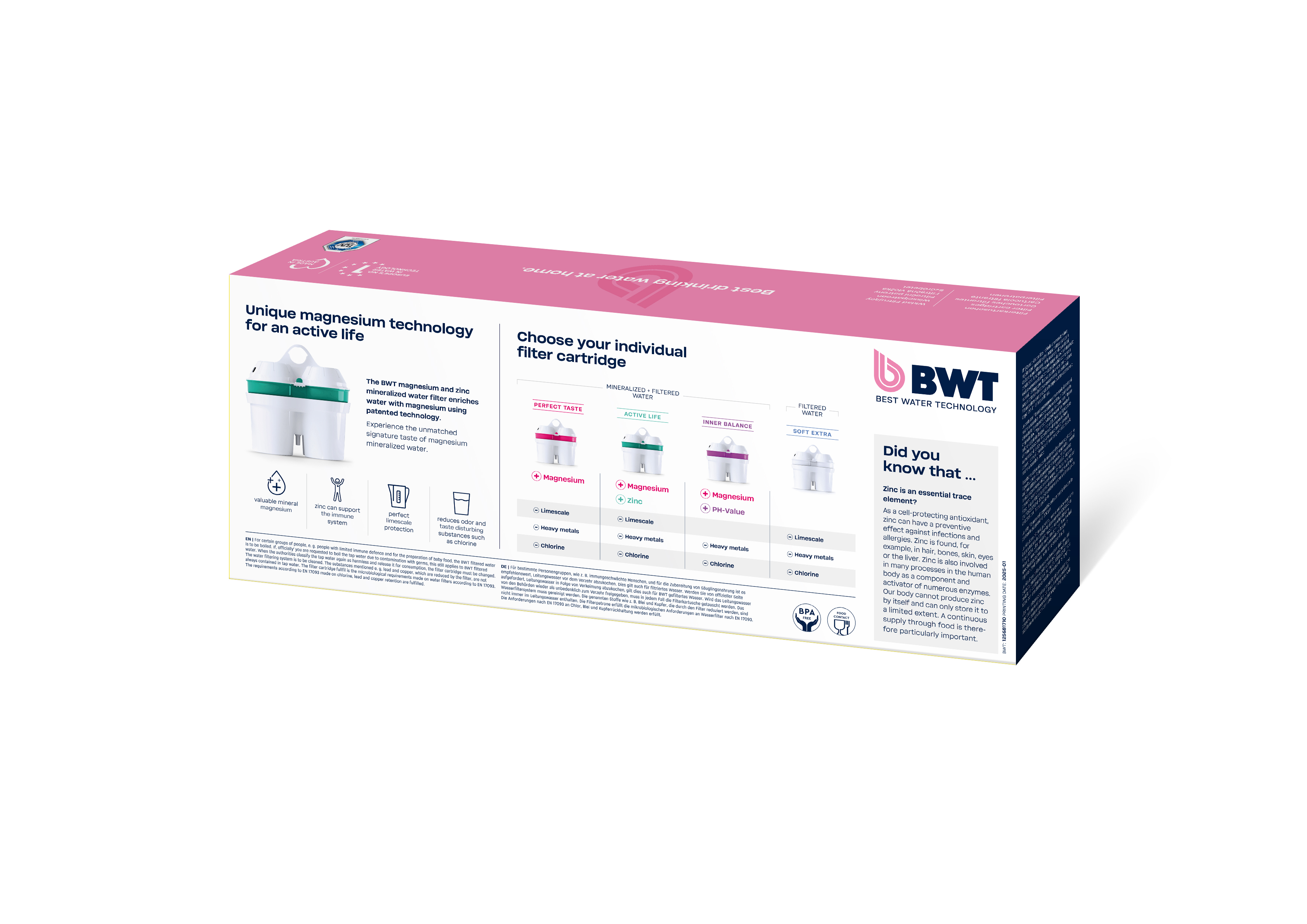 Schachtel mit BWT Wasserfilterpatronen. Rosa und weiß, mit Text und Produktbildern. Weißer Hintergrund.