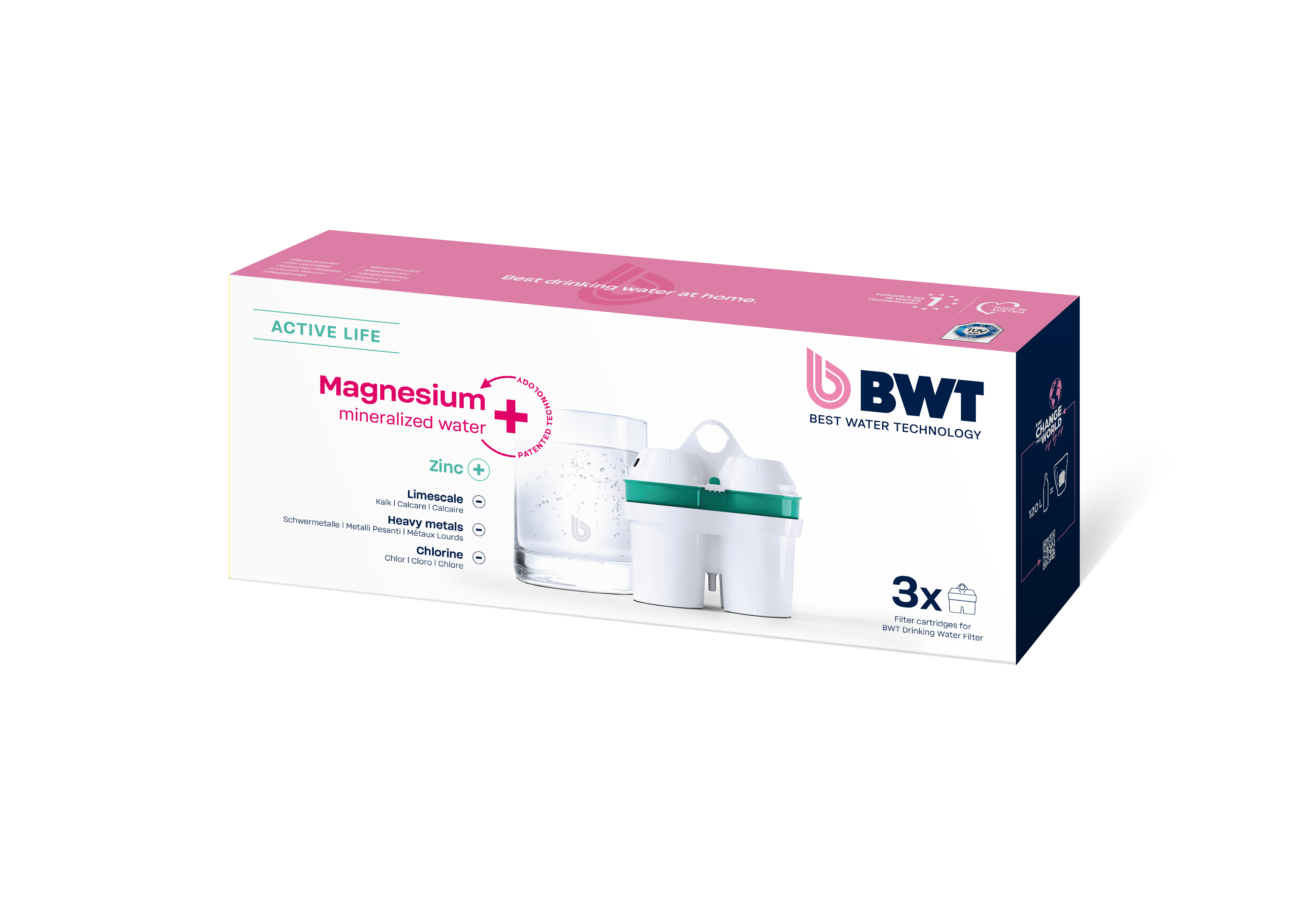 Box mit BWT-Produkt, Wasserfilter, Glas Wasser und Filterpatrone. Rosa, weiß und blau. Weißer Hintergrund.