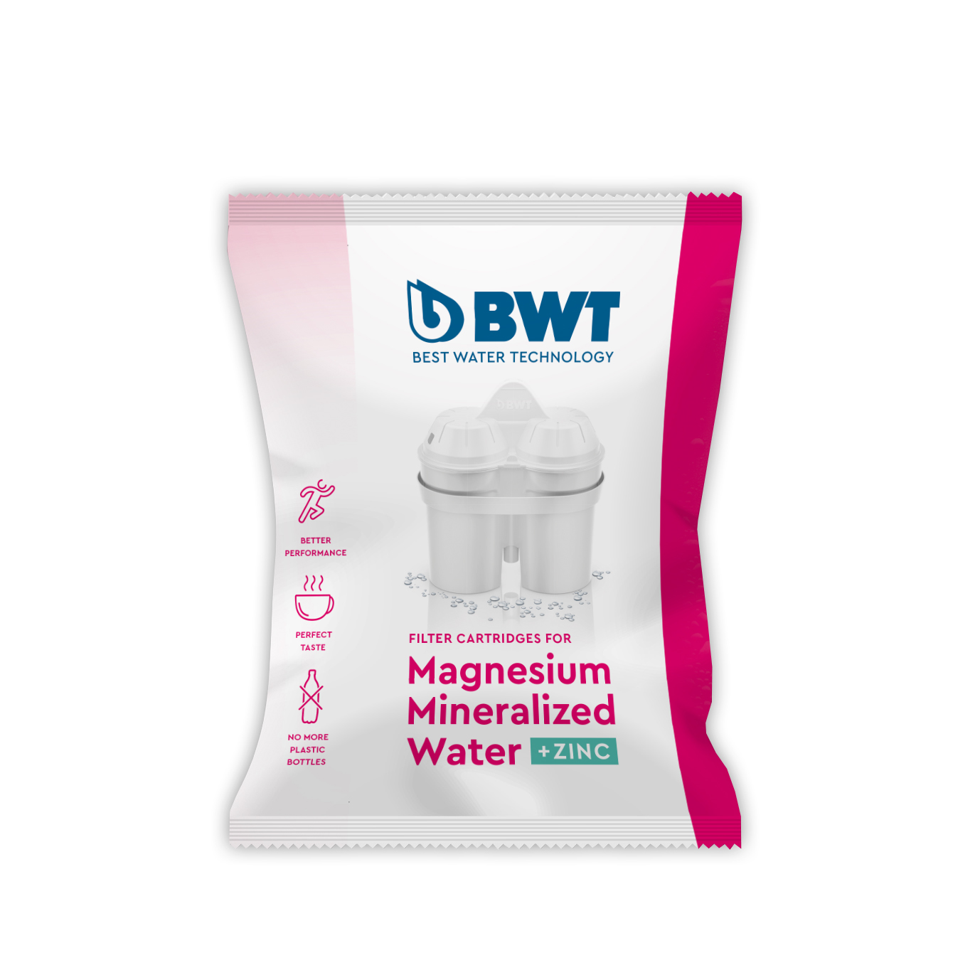 Magnesium mineralisierte Wasserfilterpatrone in weißer Verpackung. Blaue und rosa Akzente. Weißer Hintergrund.