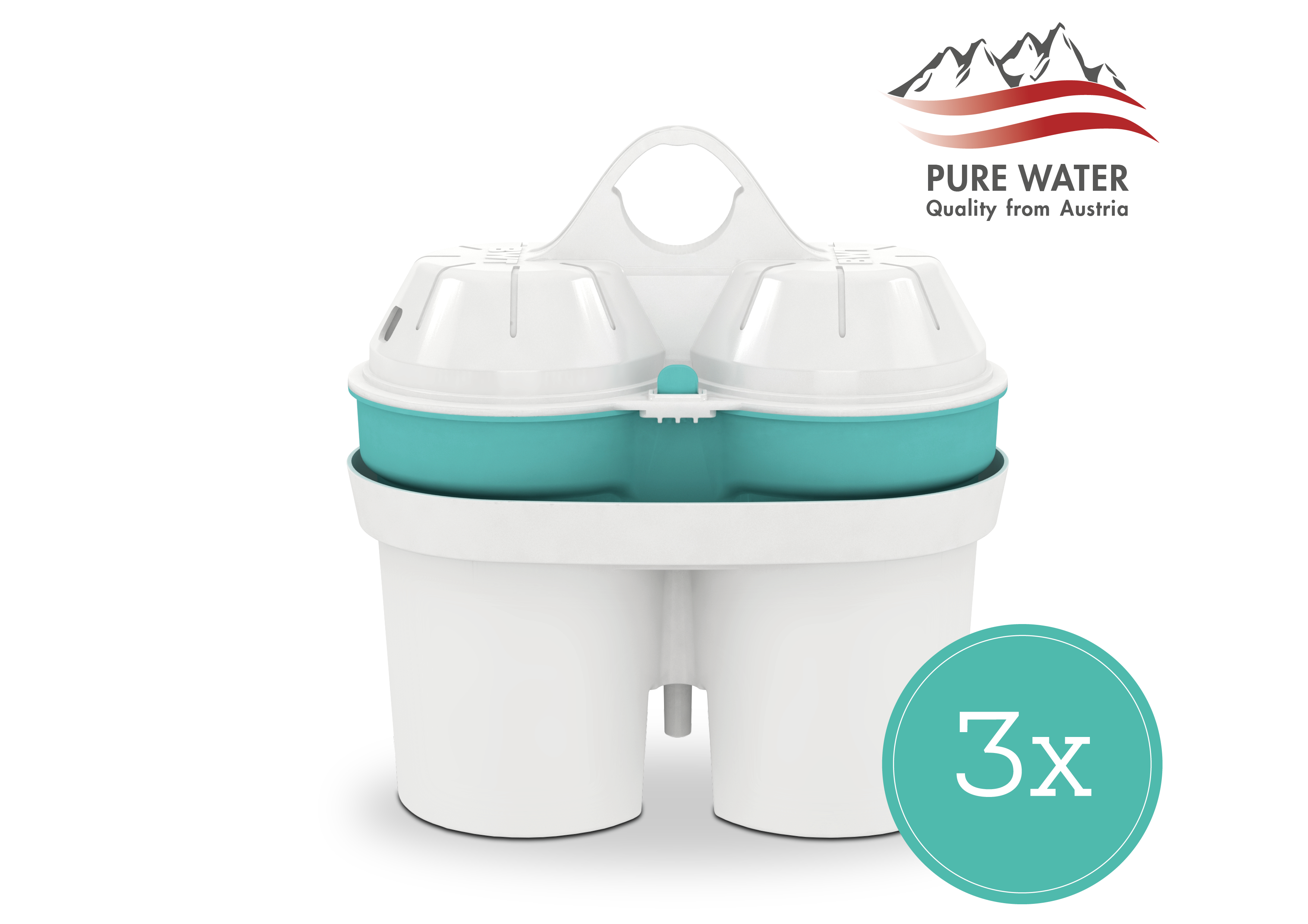 Wasserfilterpatronen, weiß und blaugrün, mit Pure Water Logo und 3x Text. Weißer Hintergrund.