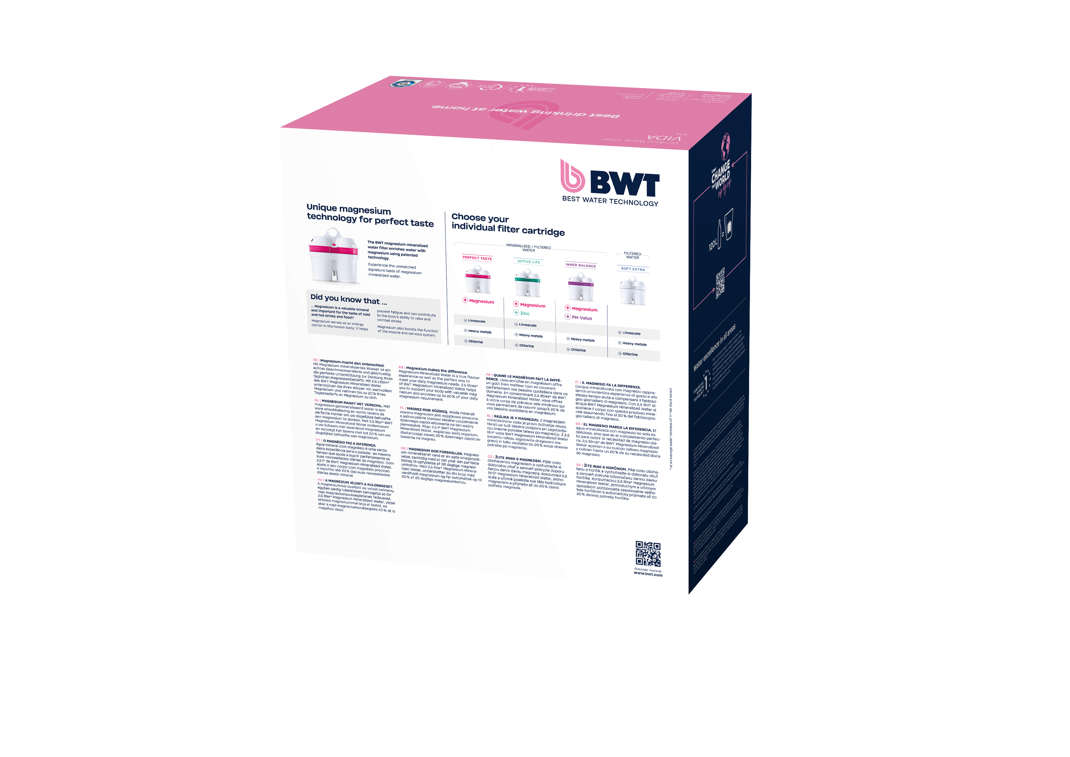 Schachtel mit BWT Wasserfilterpatronen. Rosa und weiß, mit Text und Produktbildern. Weißer Hintergrund.
