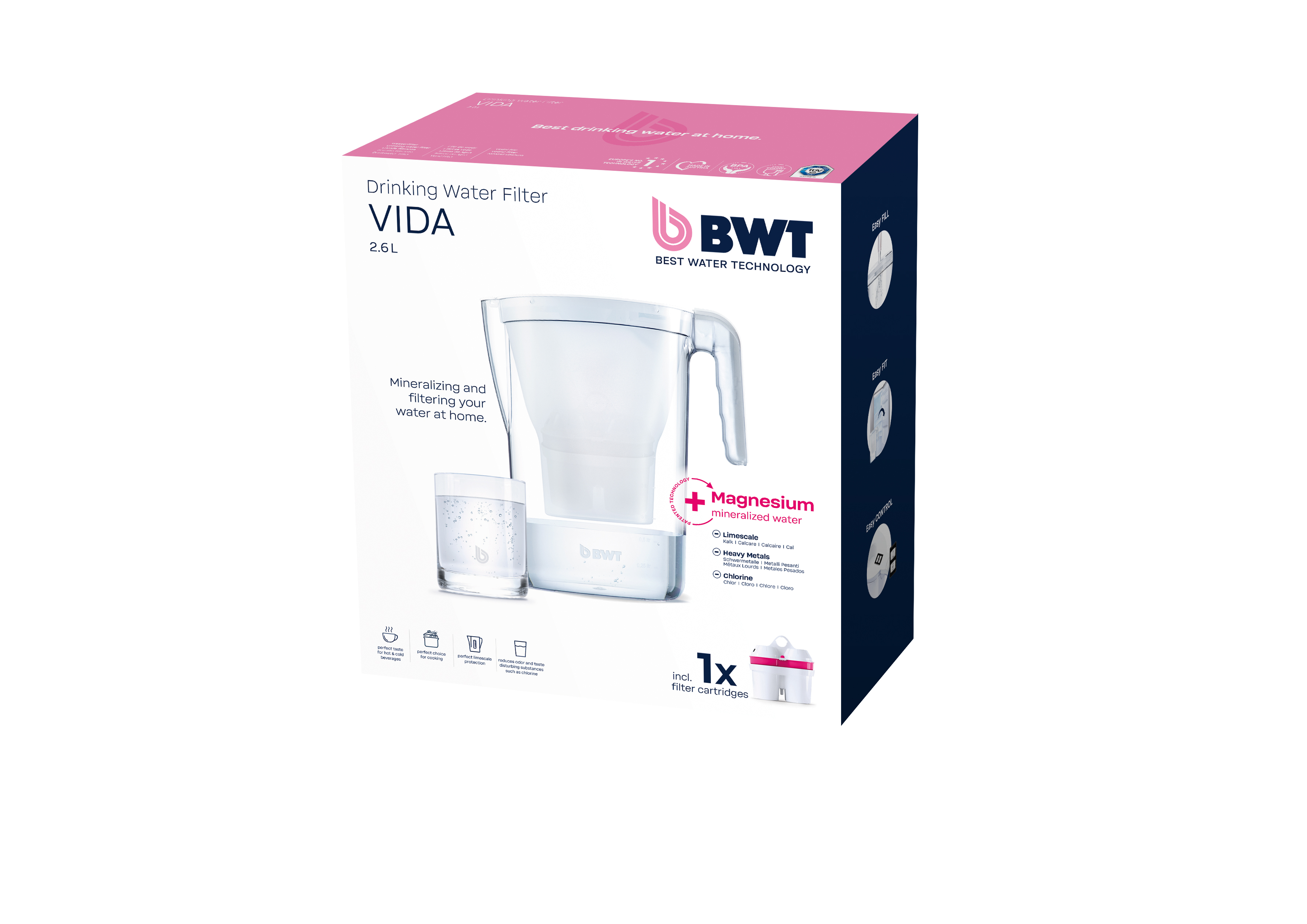 Schachtel mit BWT Wasserfilter, Krug und Glas. Rosa und weiß, mit Text und Bildern. Weißer Hintergrund.