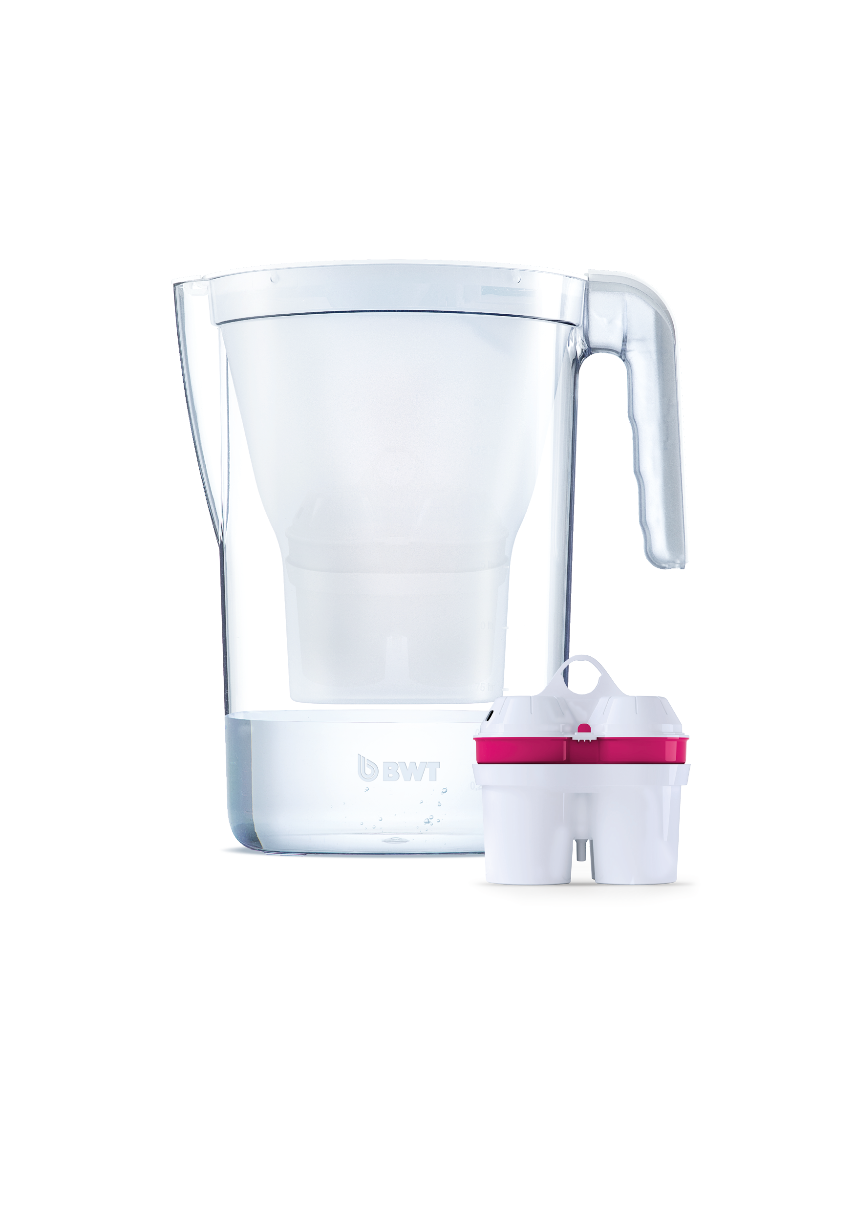 Wasserkrug mit Filter, weiß und klar. Filterpatrone daneben. Schwarzer Hintergrund.