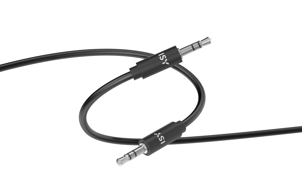 Czarny kabel audio z dwoma złączami jack 3,5 mm, izolowany na białym tle.