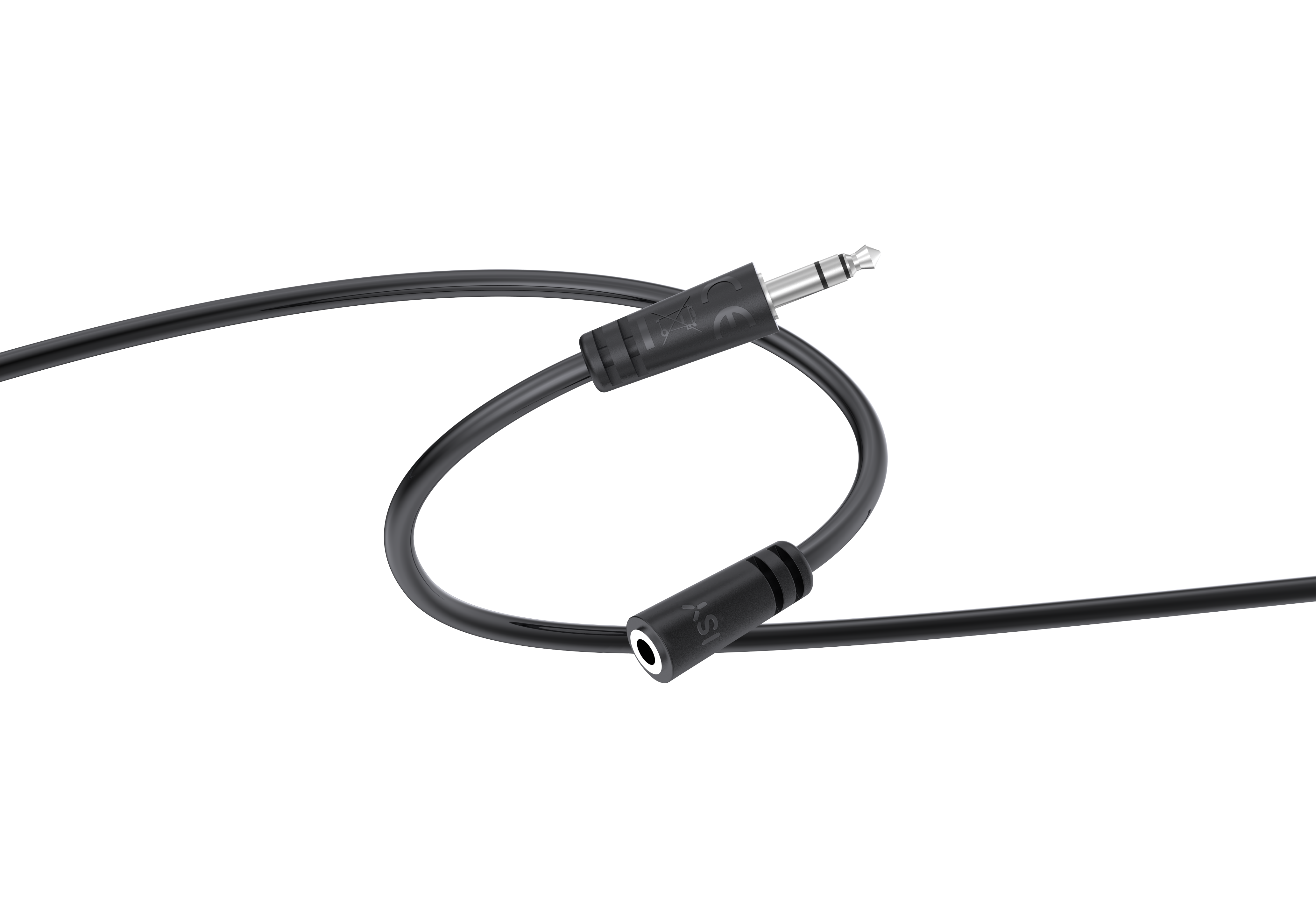 Czarny kabel z wtyczką 3,5 mm i portem żeńskim, izolowany na czarnym.