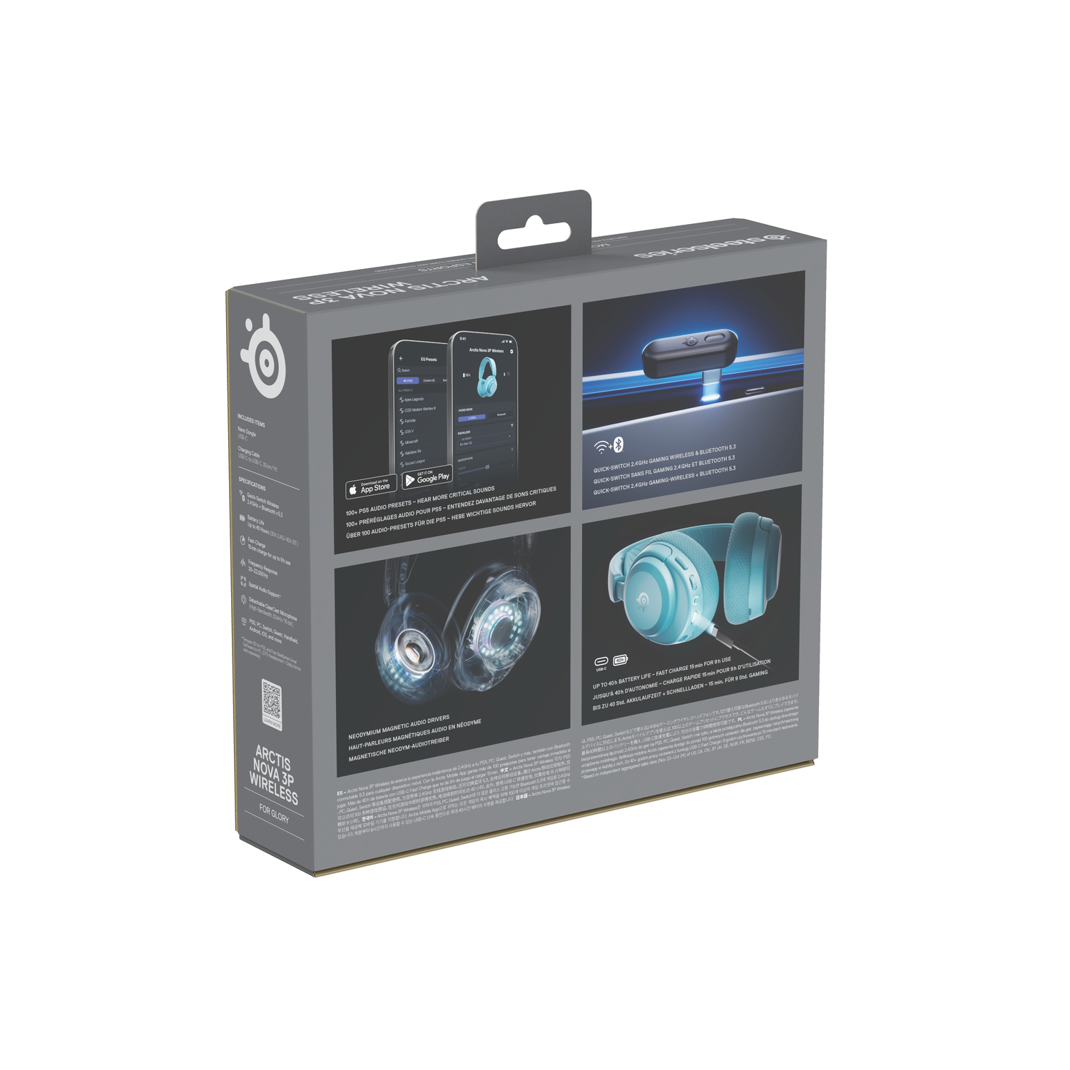Back of boxed light blue gaming headset with information and graphics.