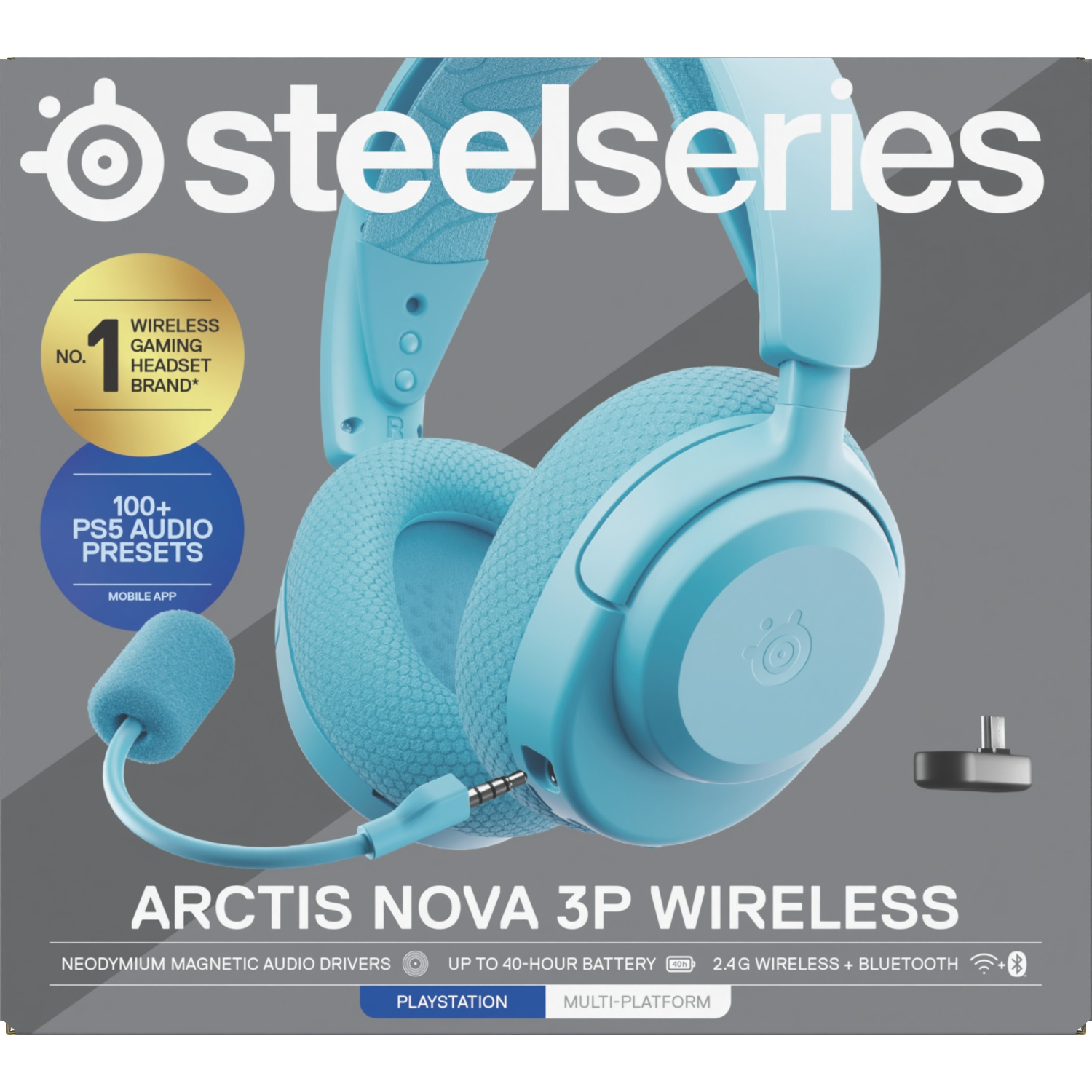Light blue SteelSeries Arctis Nova 3P wireless gaming headset, with logo and features listed.