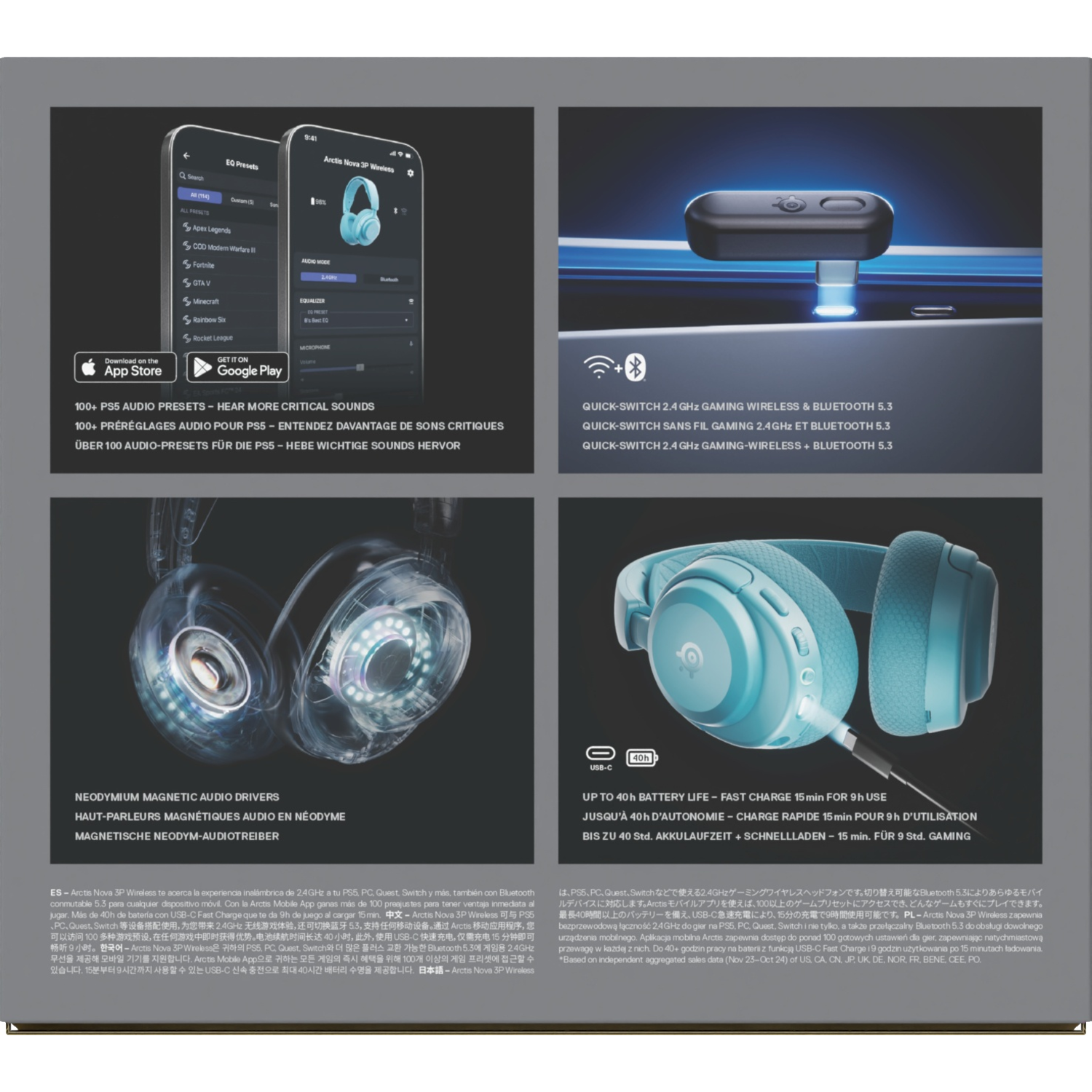 Images of the Arctis Nova 3P wireless headset with features, app screenshots, and specifications.