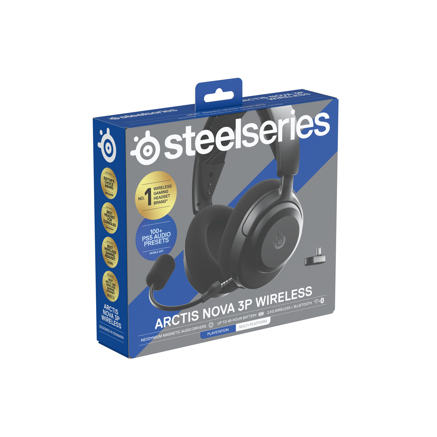 Zwarte Arctis Nova 3P Wireless headset doos, met logo en functies, tegen een donkerblauwe achtergrond.