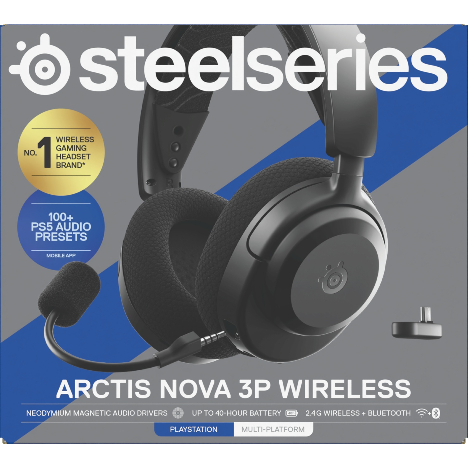 Zwarte Arctis Nova 3P draadloze gaming headset, met logo en functies, op een grijze achtergrond.