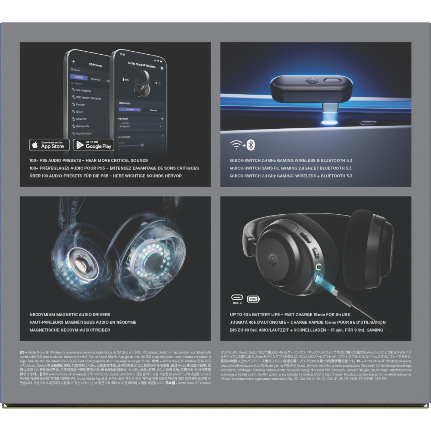 Afbeeldingen van de Arctis Nova 3P draadloze headset met functies, app-screenshots en specificaties.