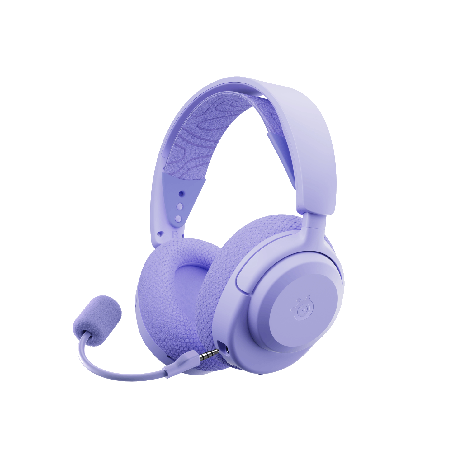 Casque de jeu sans fil Arctis Nova 3P violet avec microphone, incliné à gauche, sur fond noir.