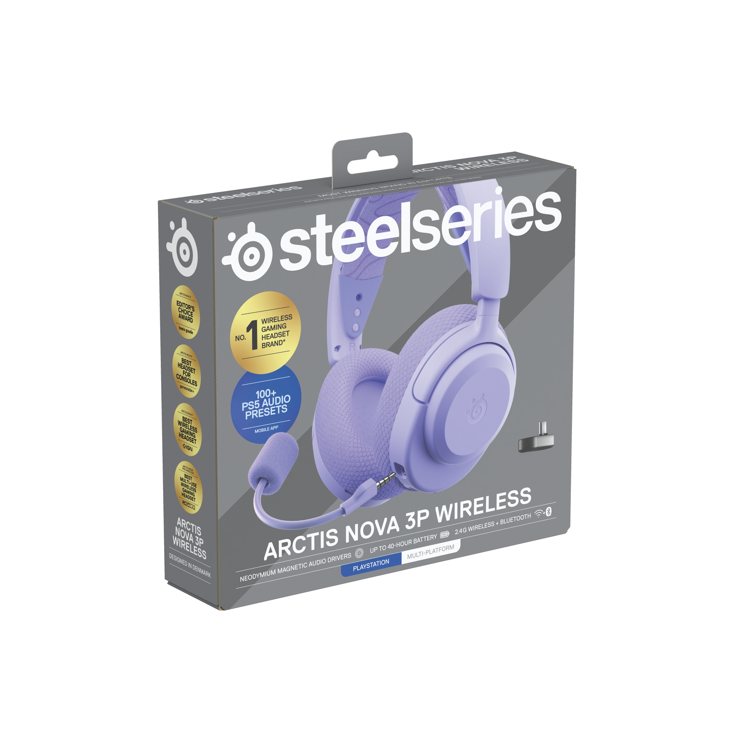 Boîte de casque sans fil Arctis Nova 3P violet, avec logo et fonctionnalités, sur fond gris.