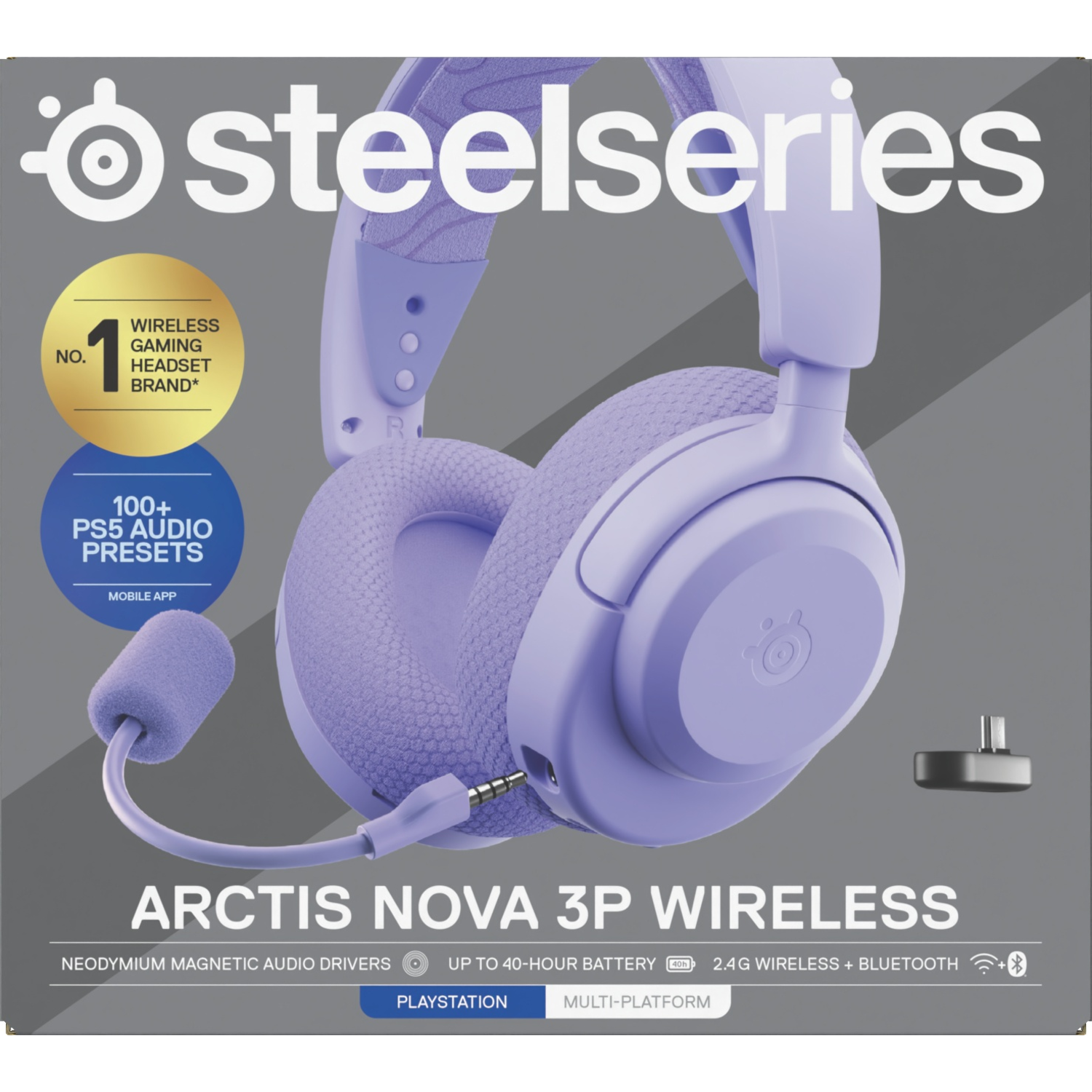 Casque sans fil SteelSeries Arctis Nova 3P, couleur lavande, avec microphone, et informations sur le produit sur la boîte.