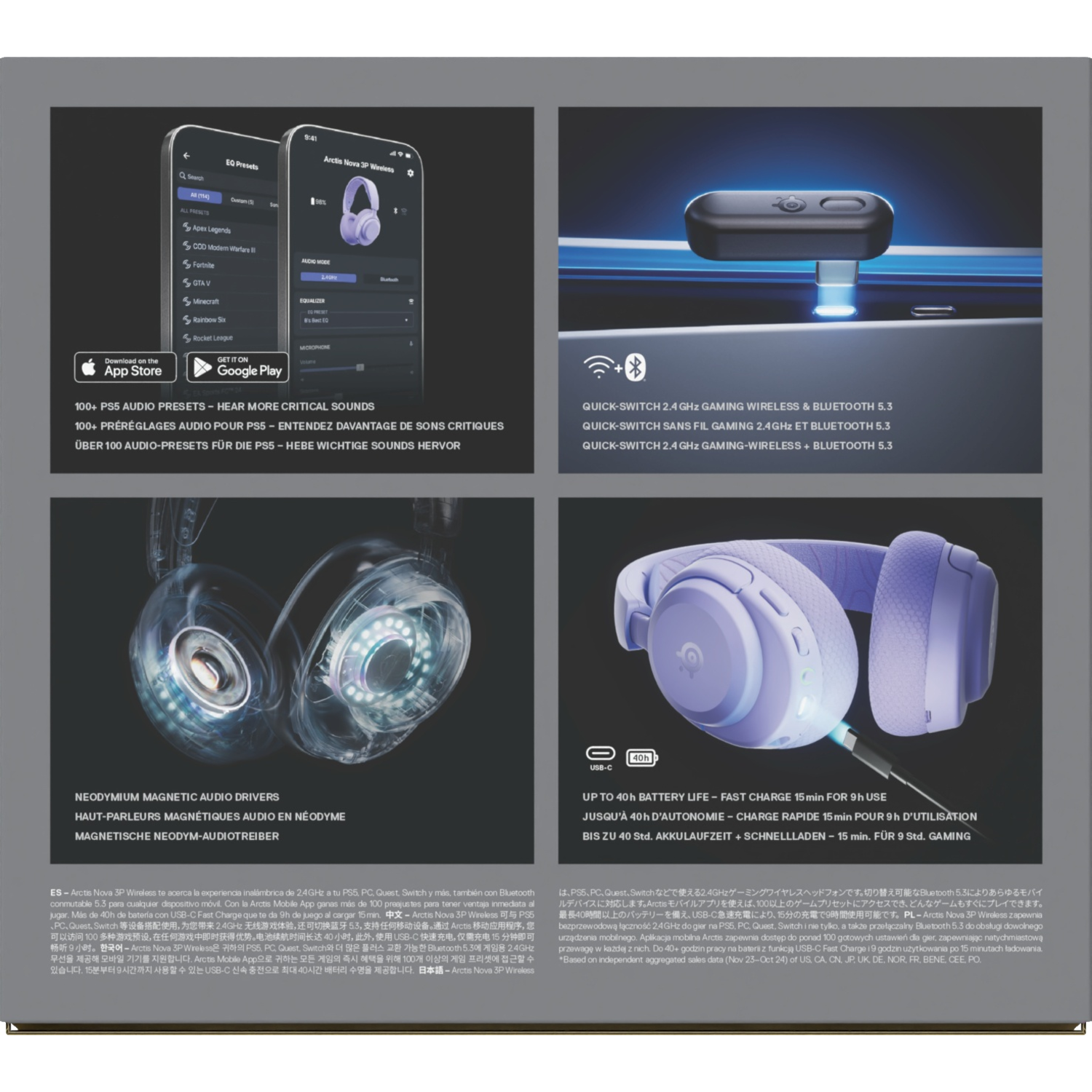 Image montrant les caractéristiques et les détails du produit du casque sans fil SteelSeries Arctis Nova 3P sur la boîte.