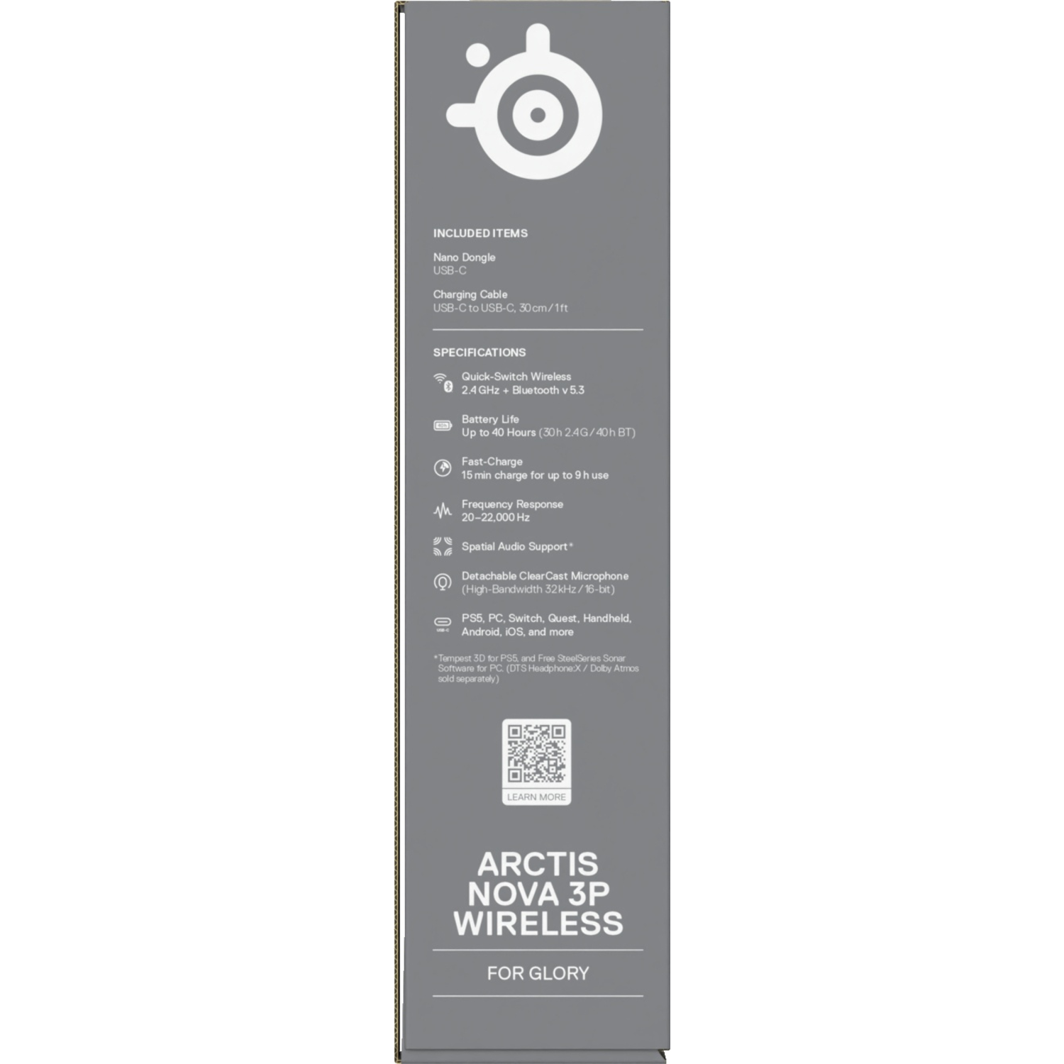 Gros plan sur les caractéristiques et spécifications sur la boîte du casque sans fil SteelSeries Arctis Nova 3P.