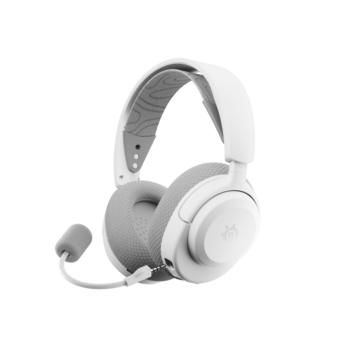 Witte en grijze SteelSeries Arctis Nova 3P draadloze gaming headset met een microfoon, geïsoleerd op zwarte achtergrond.