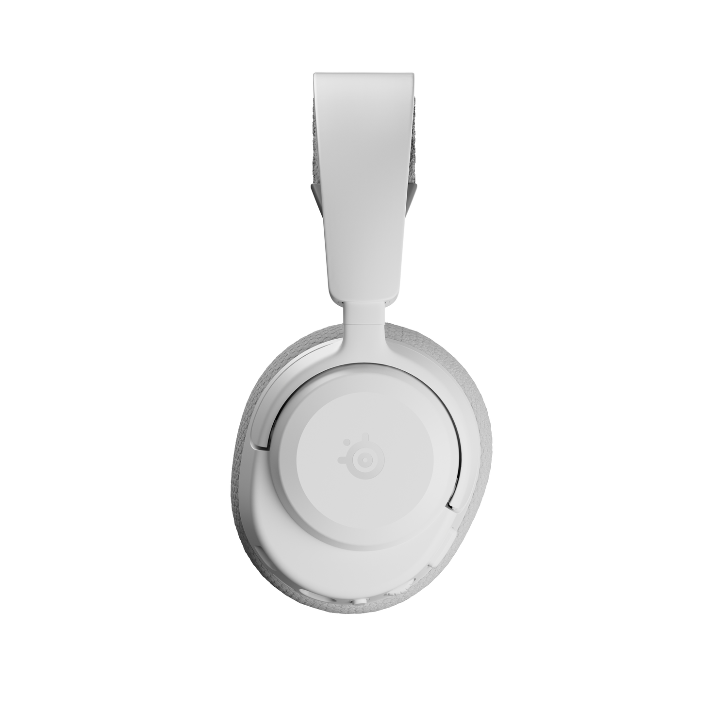 Bovenaanzicht van een witte SteelSeries Arctis Nova 3P draadloze gaming headset met een grijze hoofdband.