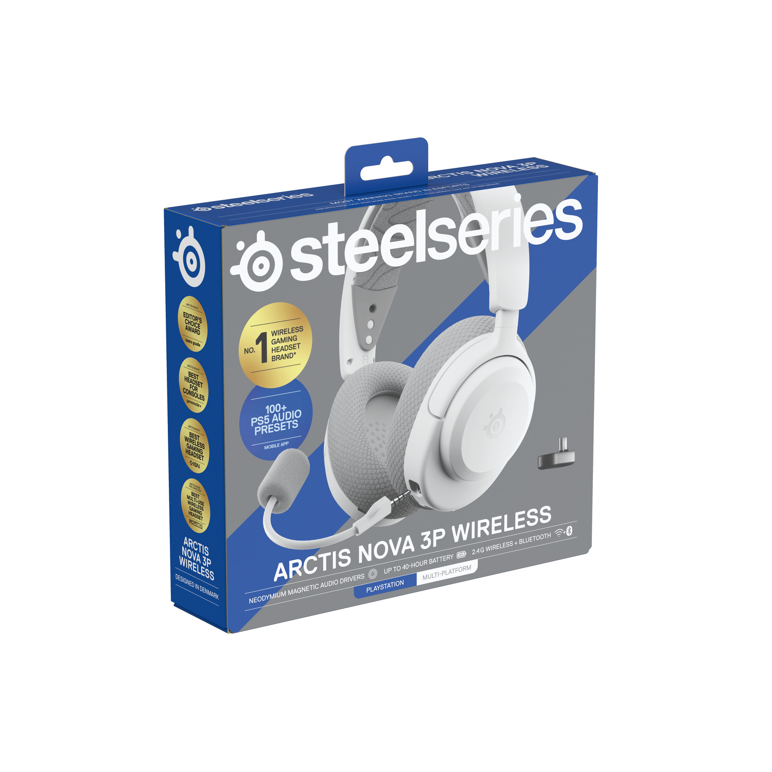 Verpakte witte en grijze SteelSeries Arctis Nova 3P draadloze gaming headset met een microfoon.