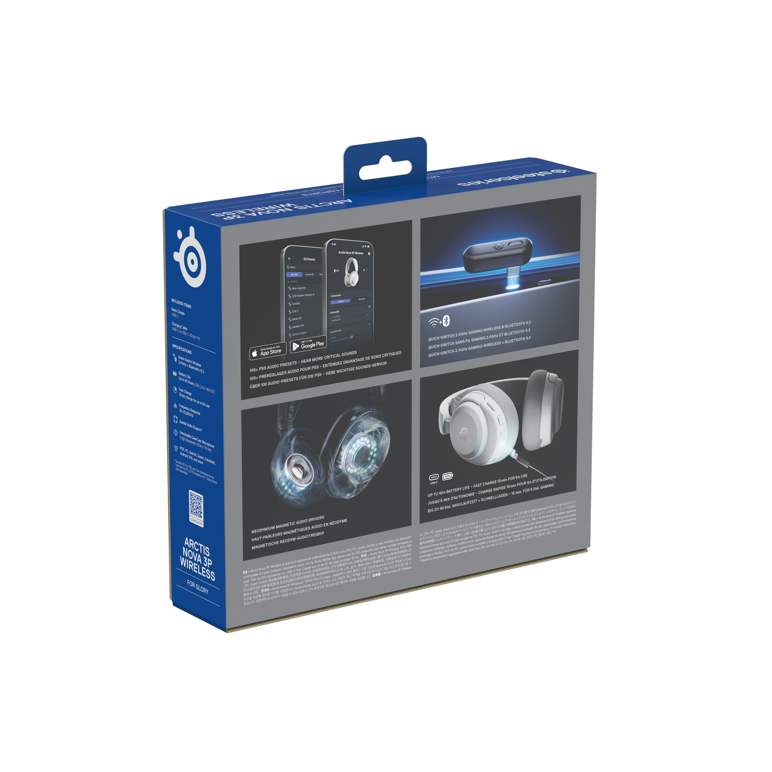 Achterkant van de doos met productkenmerken en specificaties van de witte SteelSeries Arctis Nova 3P draadloze gaming headset.