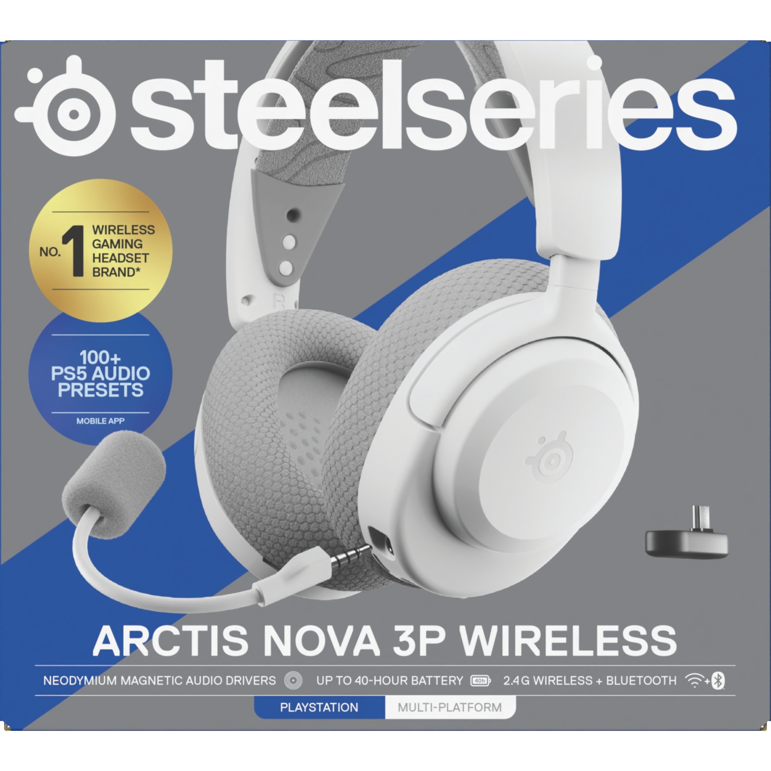 SteelSeries Arctis Nova 3P draadloze headset, witte kleur, met microfoon, en productinformatie op de doos.