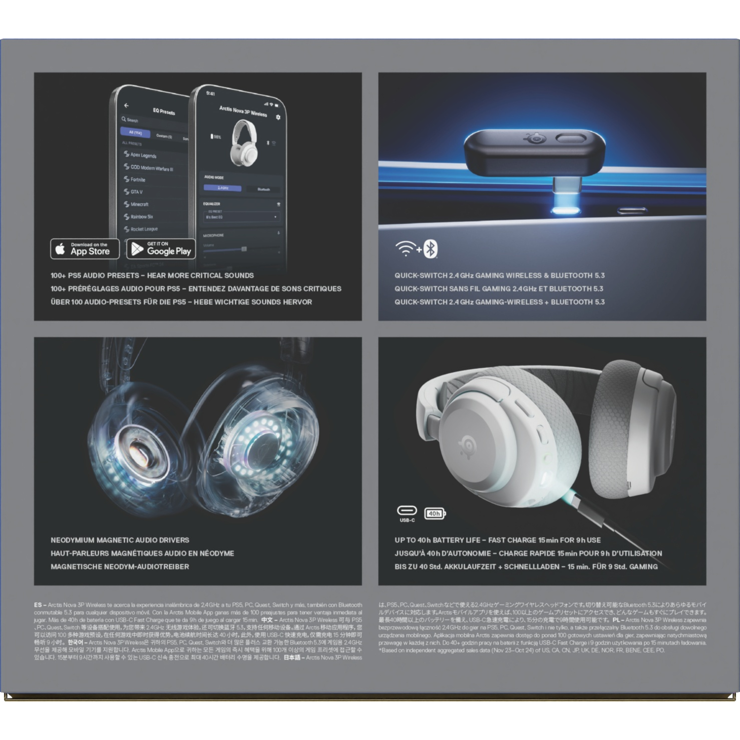 Afbeelding met de productkenmerken en details van de SteelSeries Arctis Nova 3P draadloze headset op de doos.