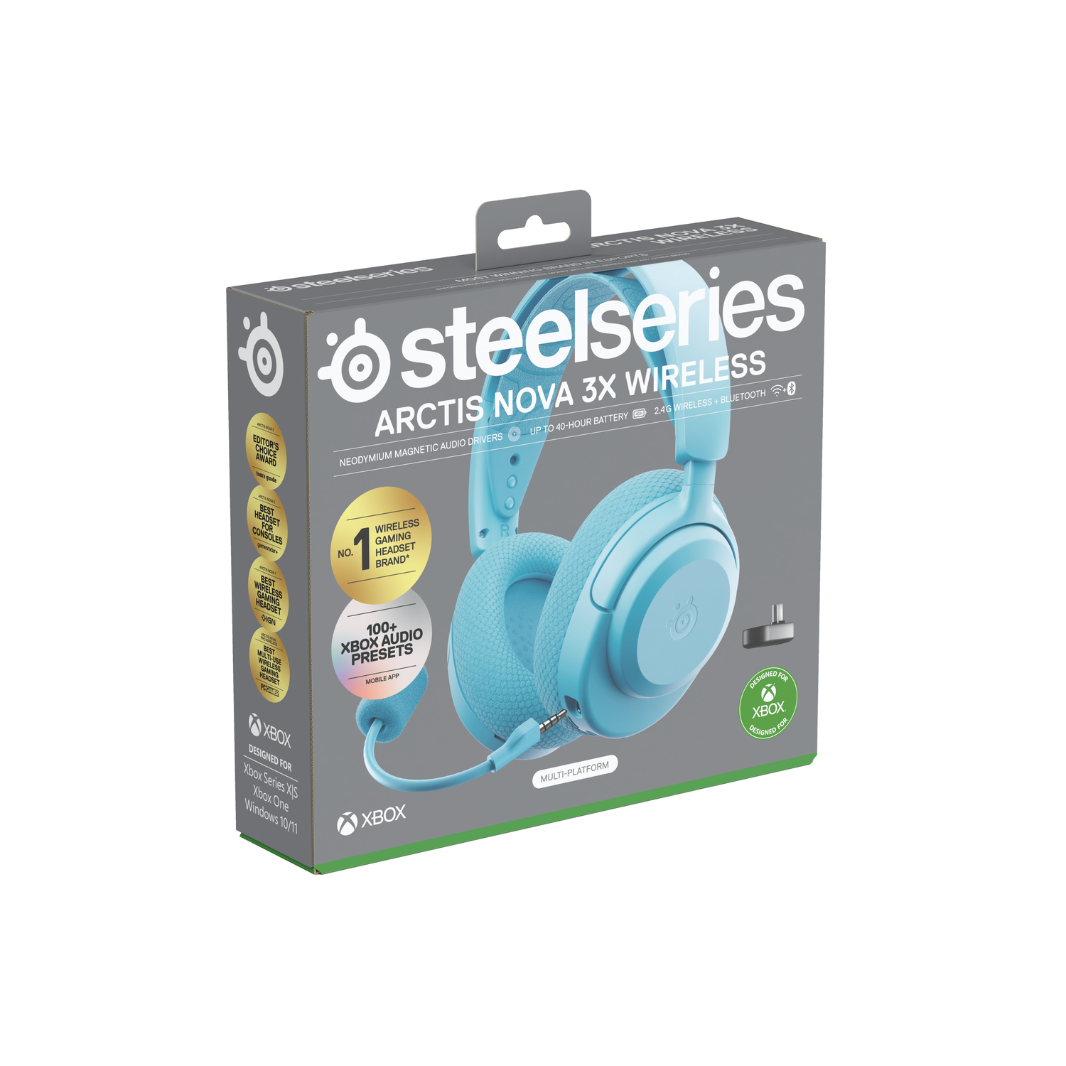 Verpakte hemelsblauwe SteelSeries Arctis Nova 3X draadloze gaming headset met een microfoon.