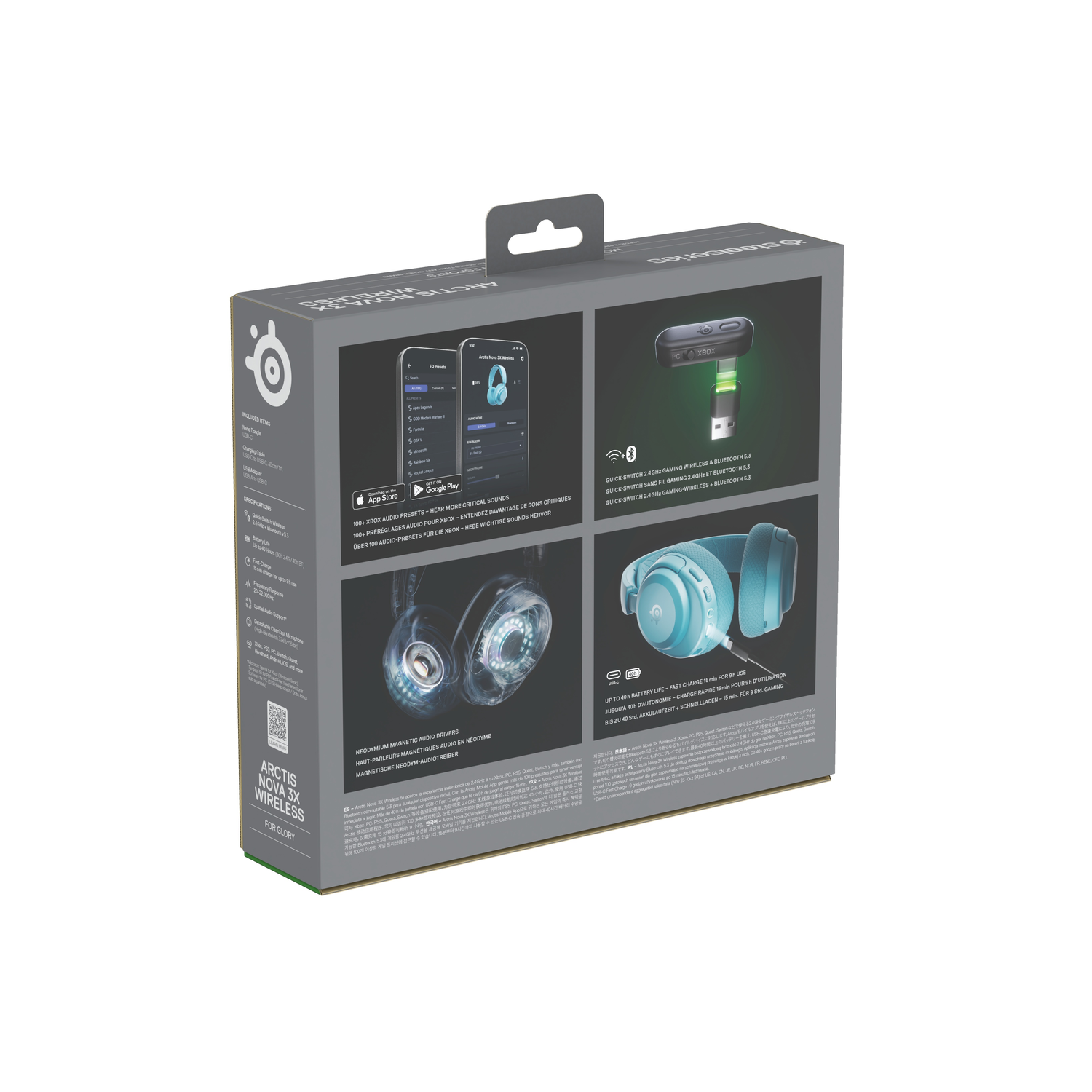 Doos met headset afbeeldingen. Toont functies, app download en meegeleverde items. Productnaam 'Nova 3X Wireless'.