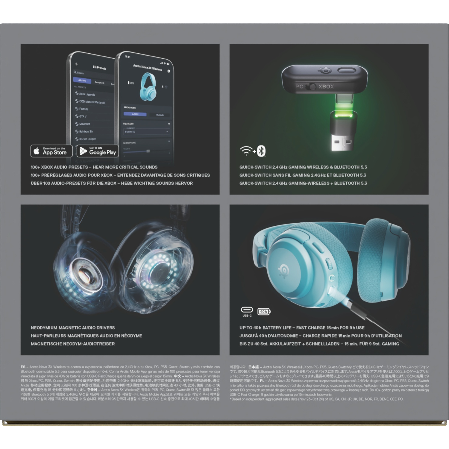 Achterkant van de doos met meerdere afbeeldingen. Toont functies, app downloads en headset details. Bevat tekst in meerdere talen.