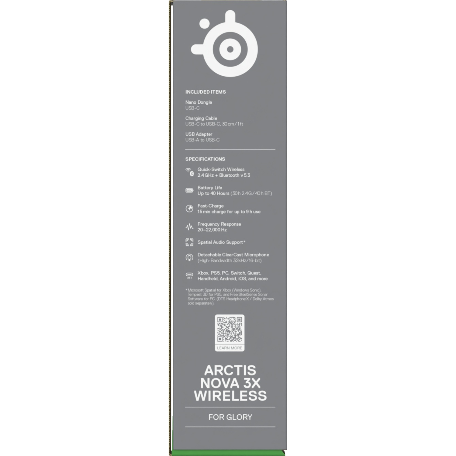 Zijkant van de doos met specificaties, meegeleverde items en informatie over het product. Productnaam 'Nova 3X Wireless'.