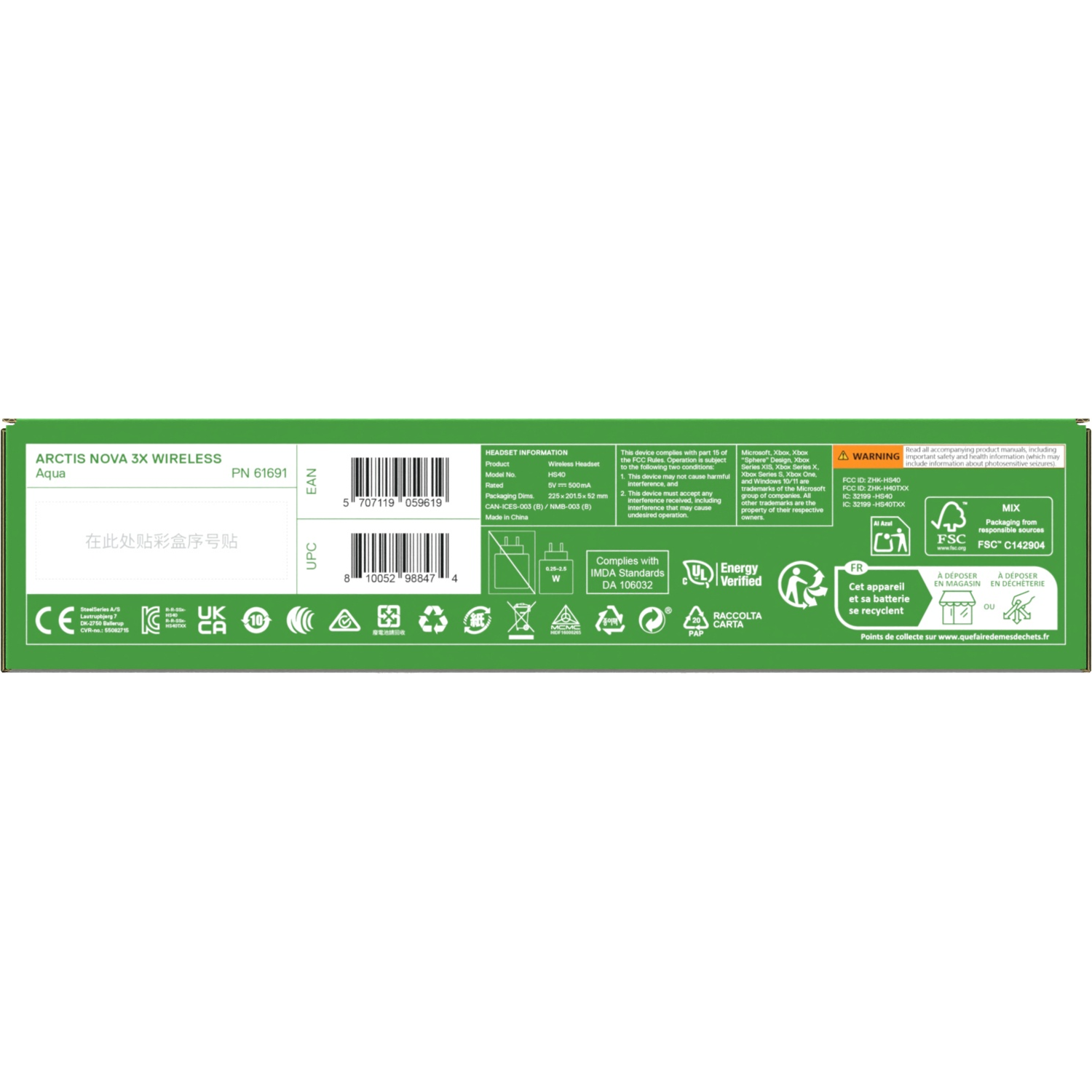 Doos met de productnaam 'Arctis Nova 3X Wireless'. Toont productinformatie, waarschuwingen en recycling details.